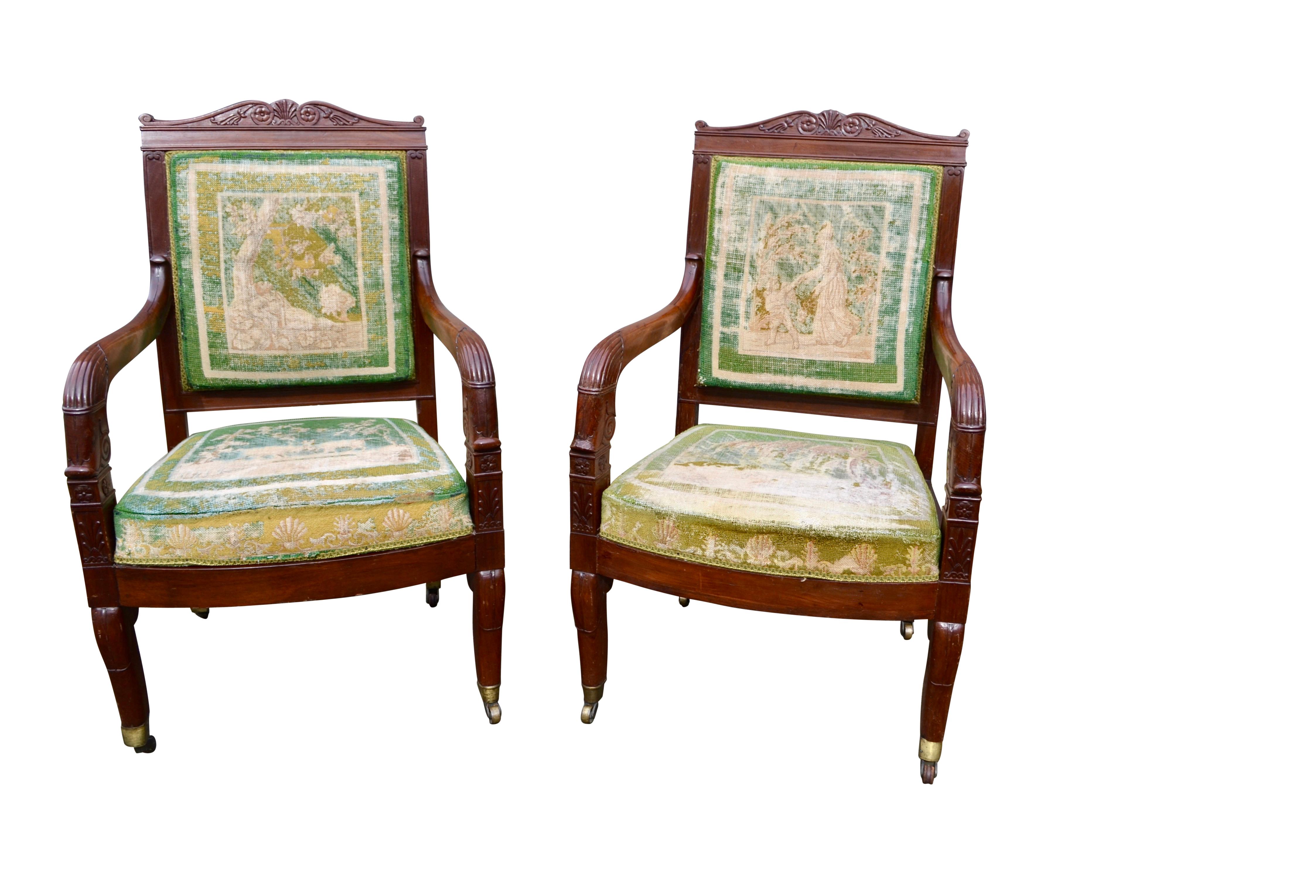 19th Century Pair of French Empire Mahogany Armchairs One Stamped J Louis For Sale
