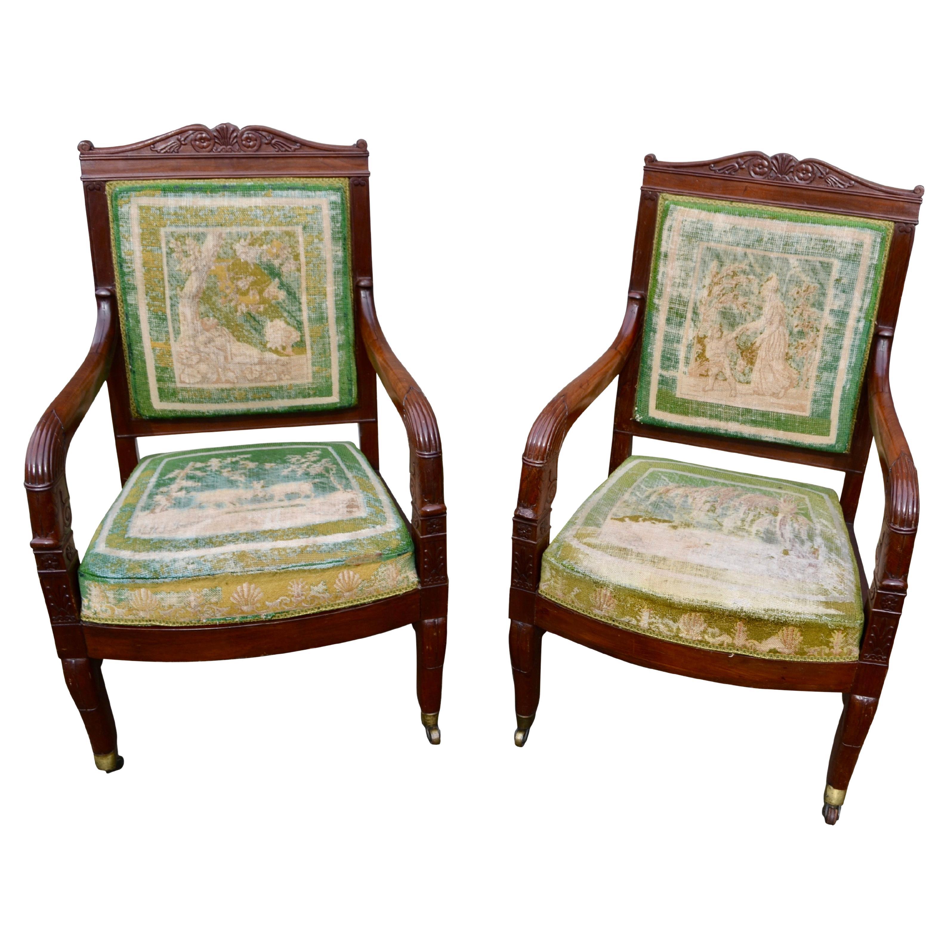 Pair of French Empire Mahogany Armchairs One Stamped J Louis For Sale