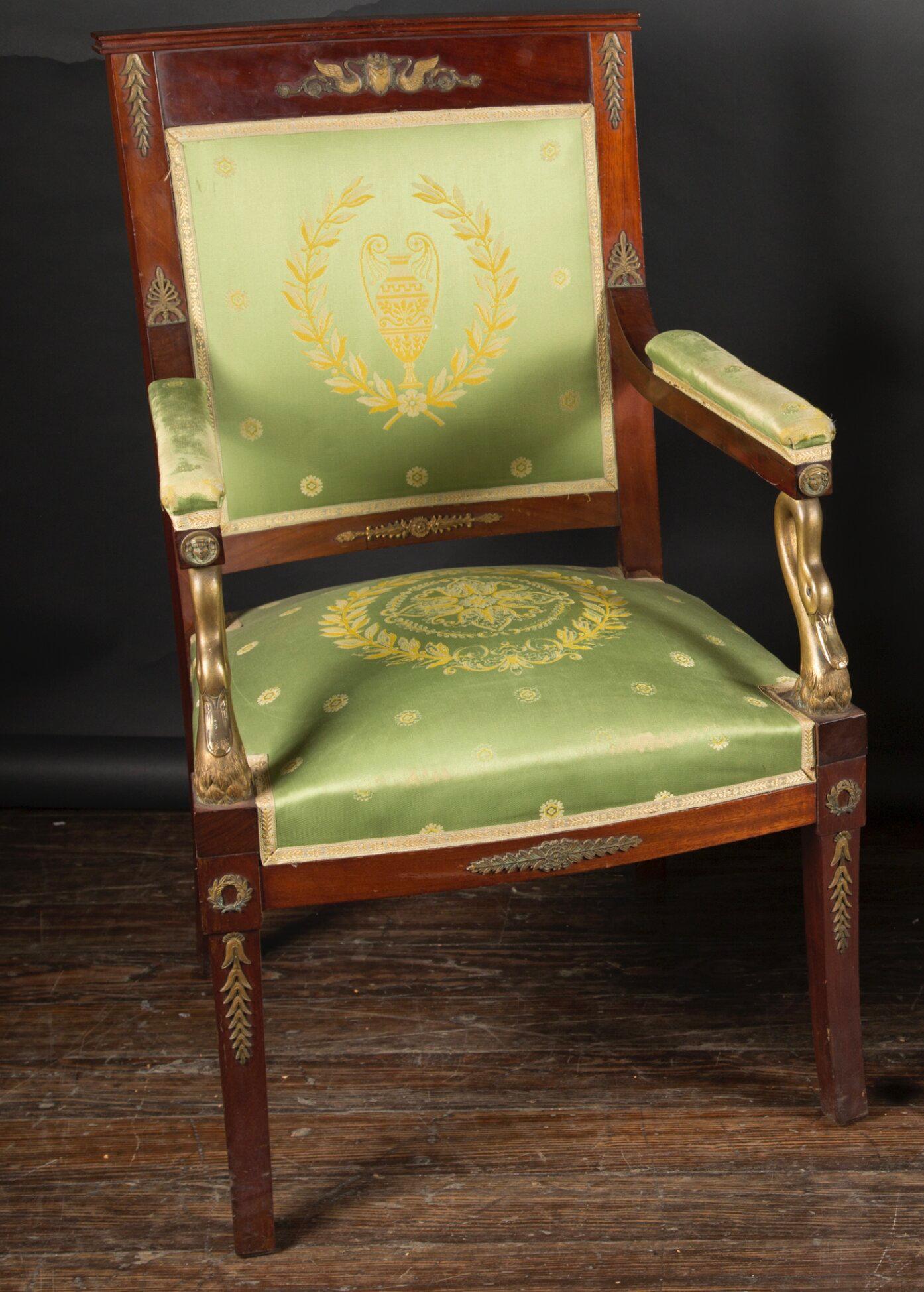 19th Century Pair of French Empire Mahogany Armchairs with Bronze Swans, Circa 1870 For Sale