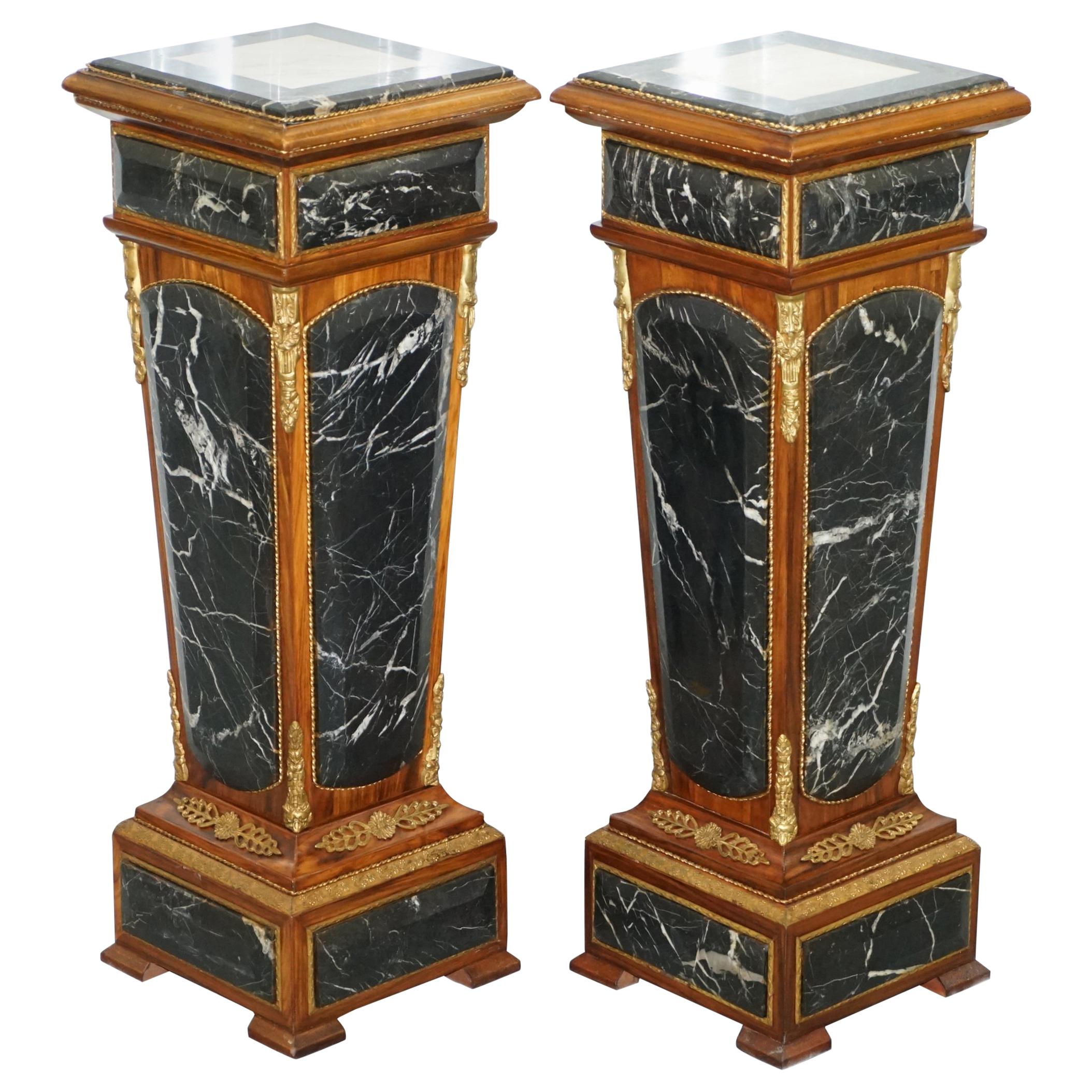 Pair of French Empire Marble, Kingwood & Ormolu Mounts Pedestal Columns Pillars