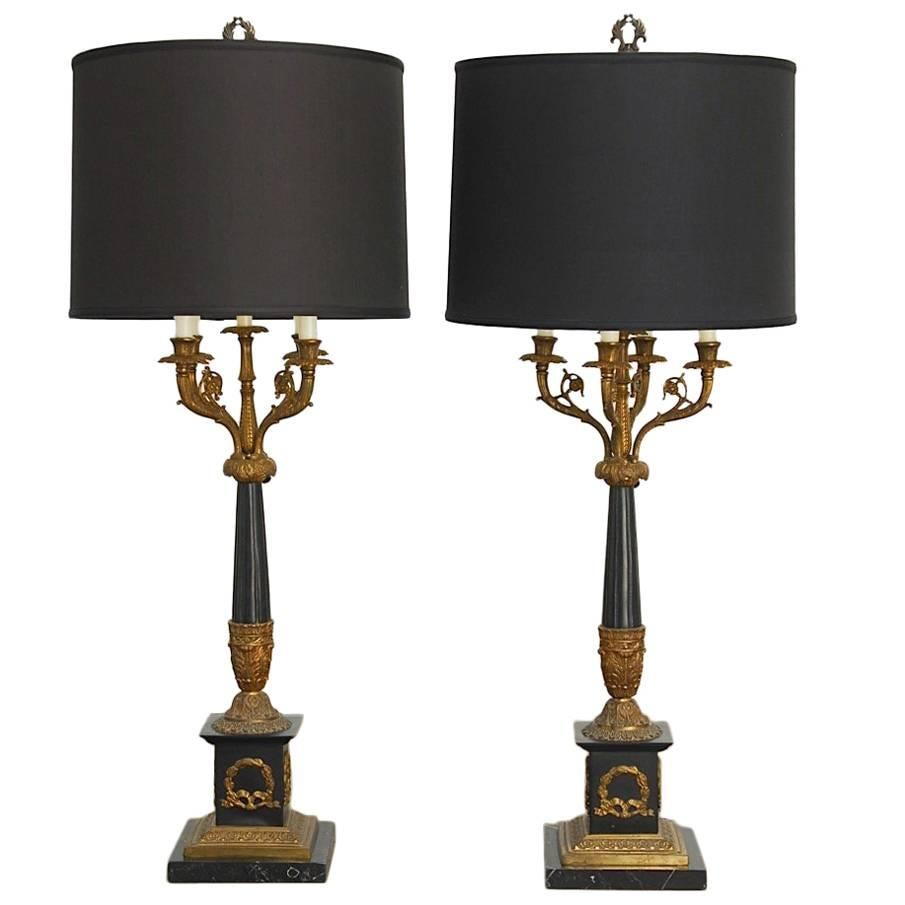 Pair of French Empire Neoclassical Candelabra Table Lamps