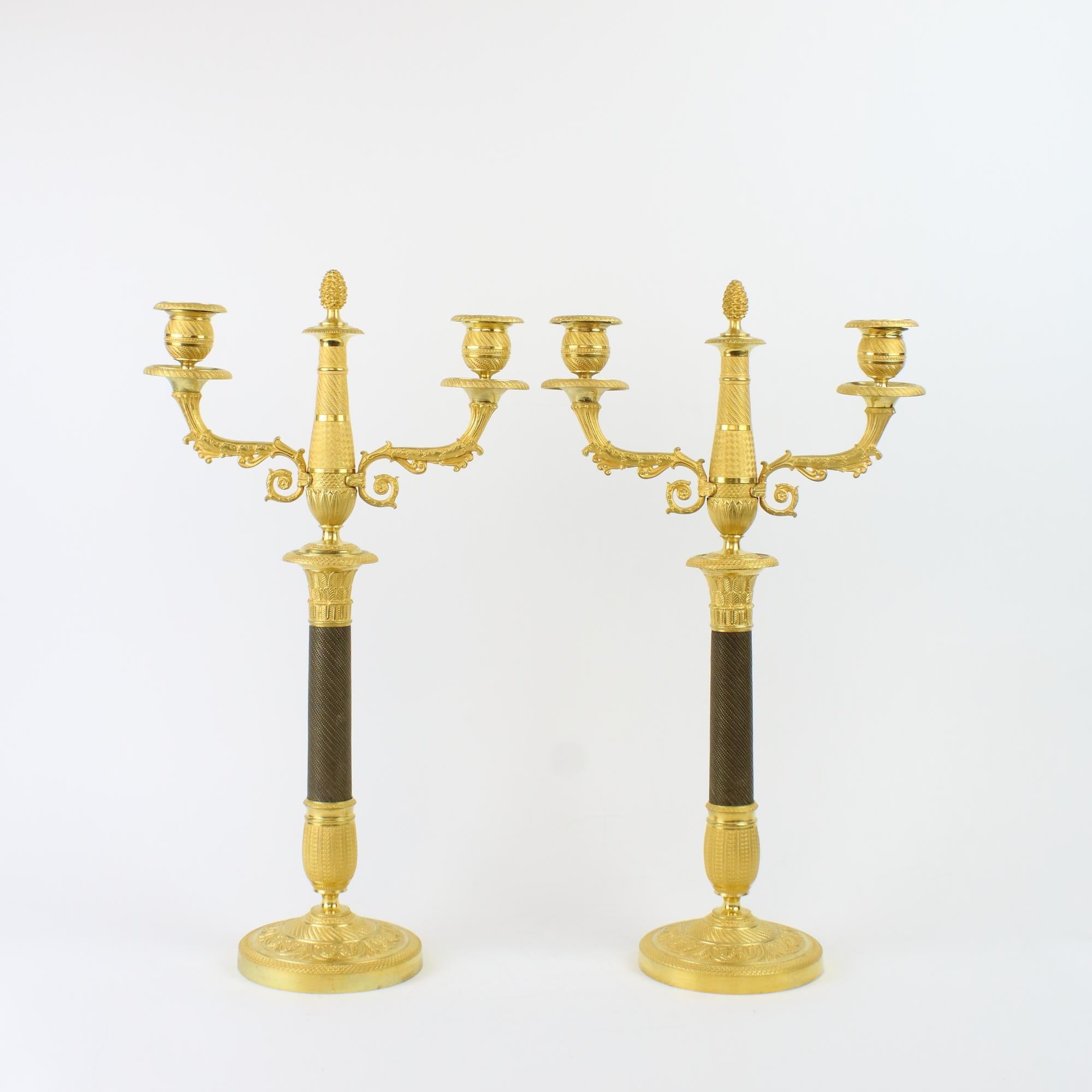 Early 19th Century Pair of French Empire One-/Two-Light Patinated and Gilt Bronze Candelabra