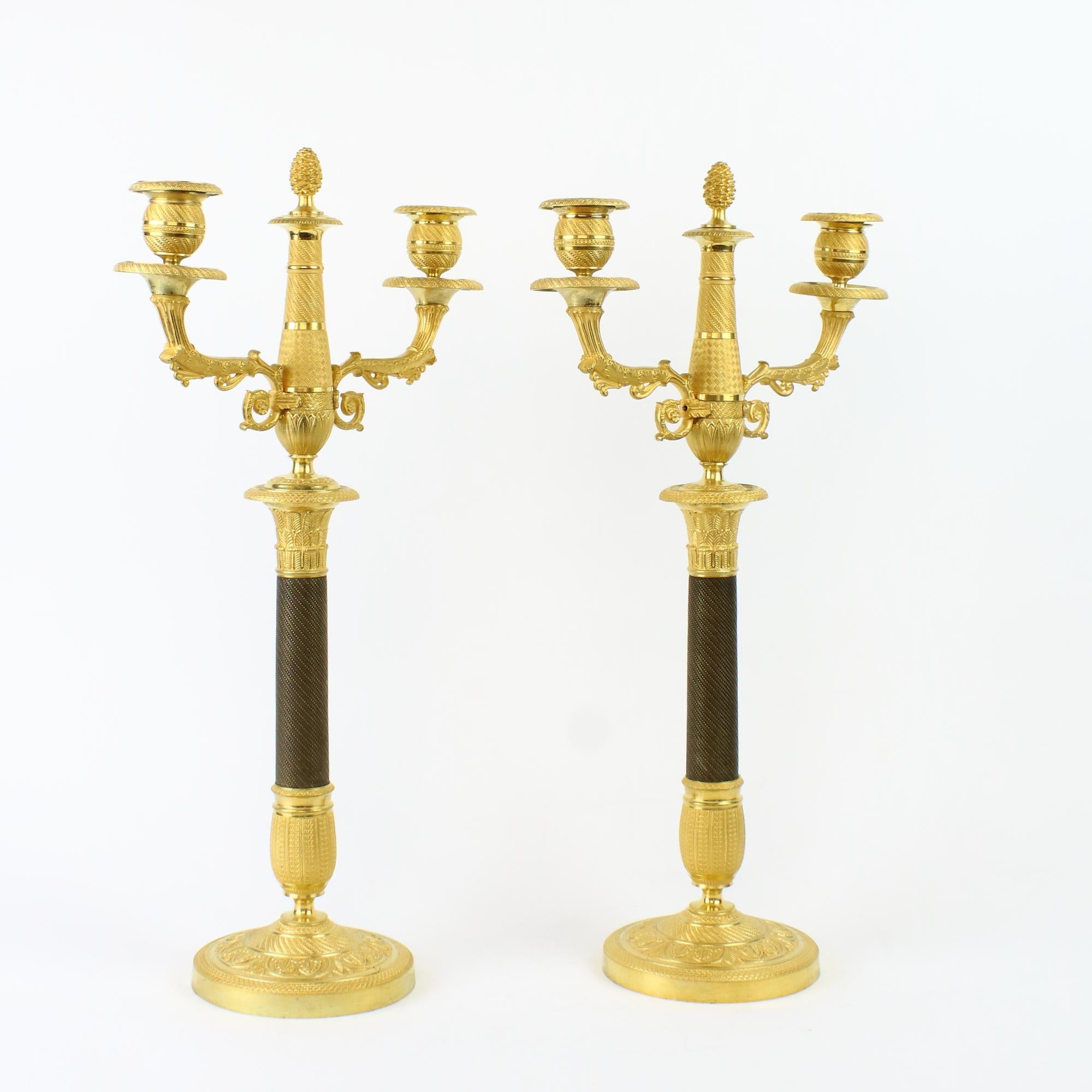 Pair of French Empire One-/Two-Light Patinated and Gilt Bronze Candelabra 1