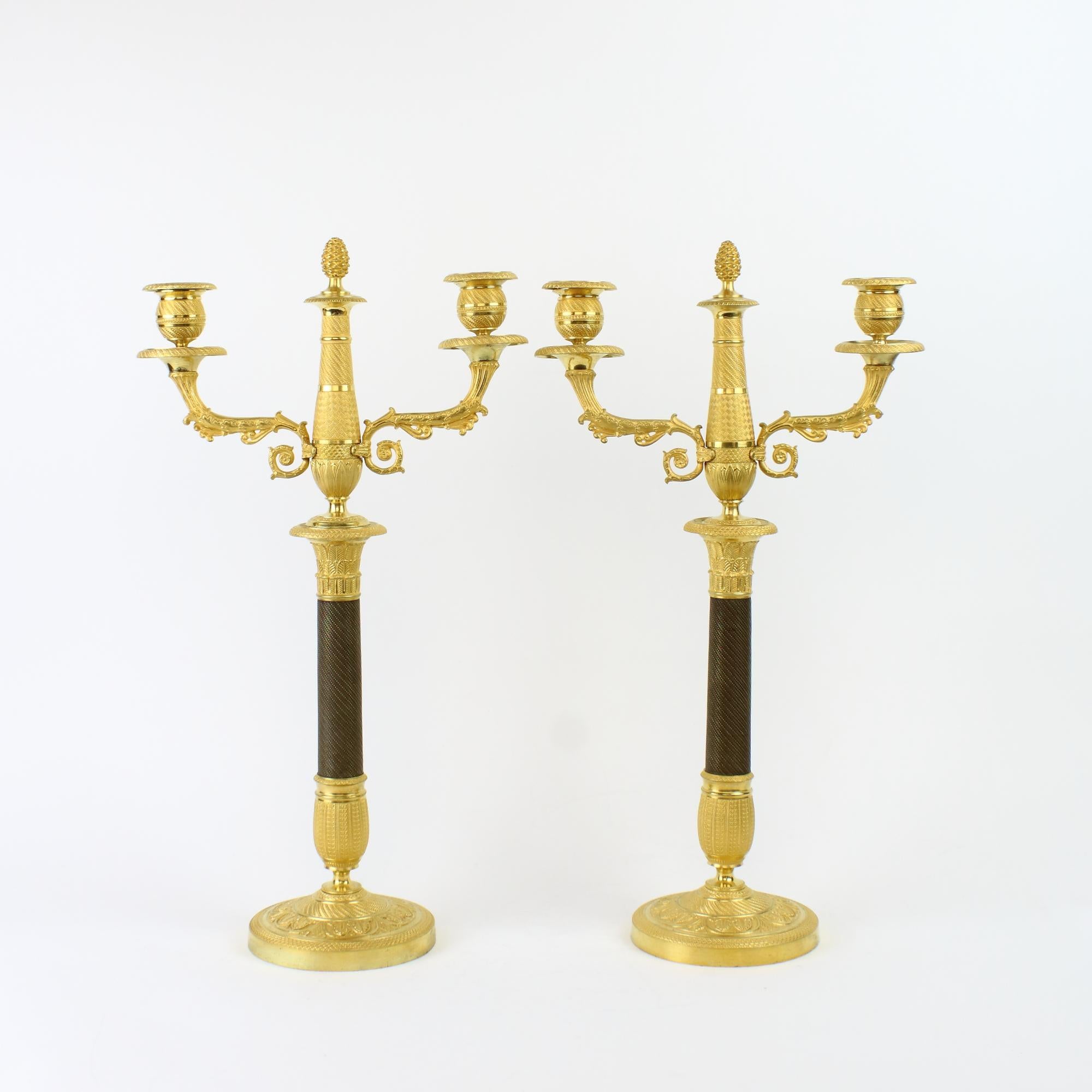Pair of French Empire One-/Two-Light Patinated and Gilt Bronze Candelabra 2