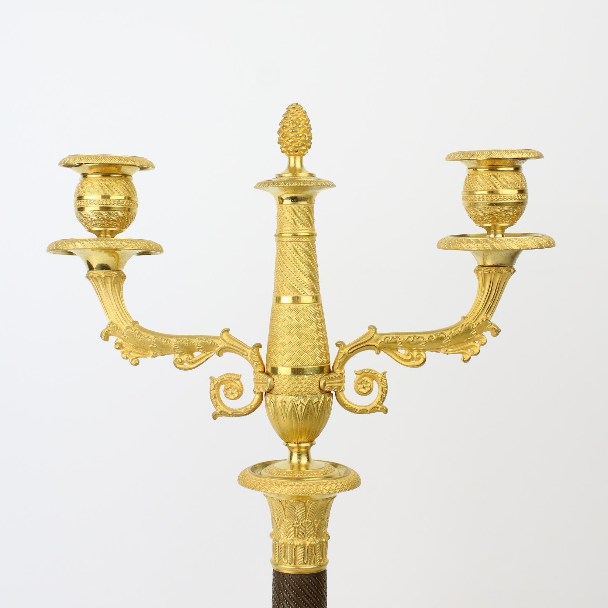 Pair of French Empire One-/Two-Light Patinated and Gilt Bronze Candelabra 4