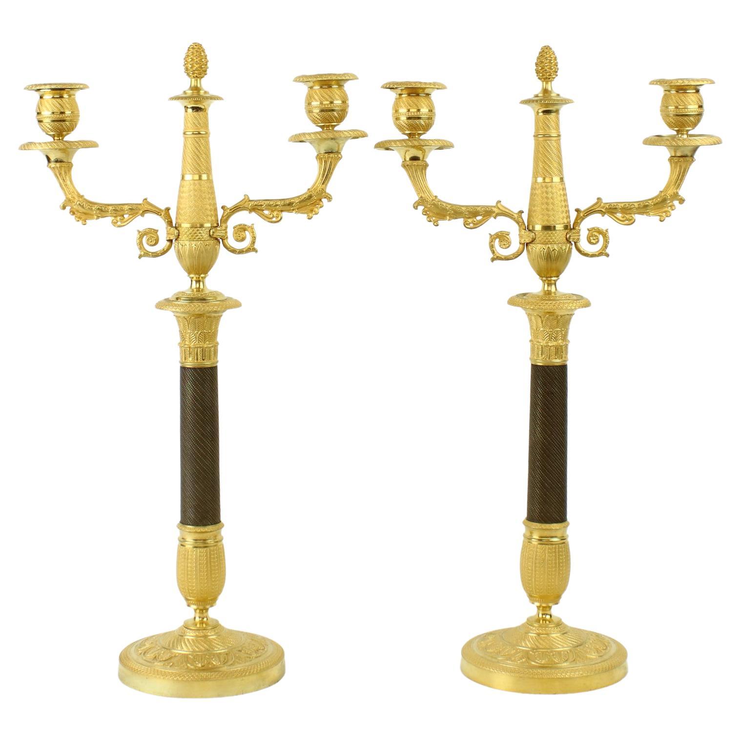 Pair of French Empire One-/Two-Light Patinated and Gilt Bronze Candelabra