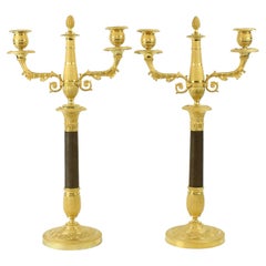 Antique Pair of French Empire One-/Two-Light Patinated and Gilt Bronze Candelabra