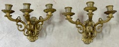 Pair of French Empire Orb Bronze Three-Light Wall Sconces