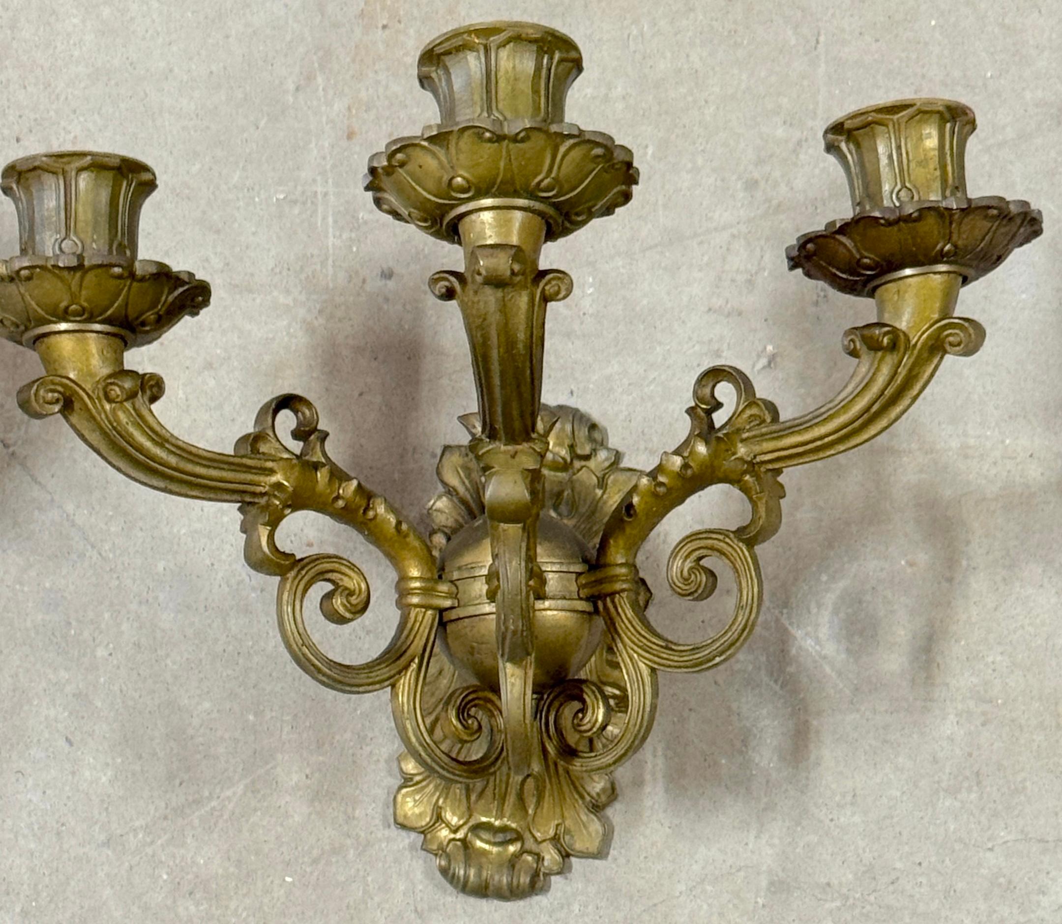 Cast Pair of French Empire Orb Bronze Three-Light Wall Sconces For Sale