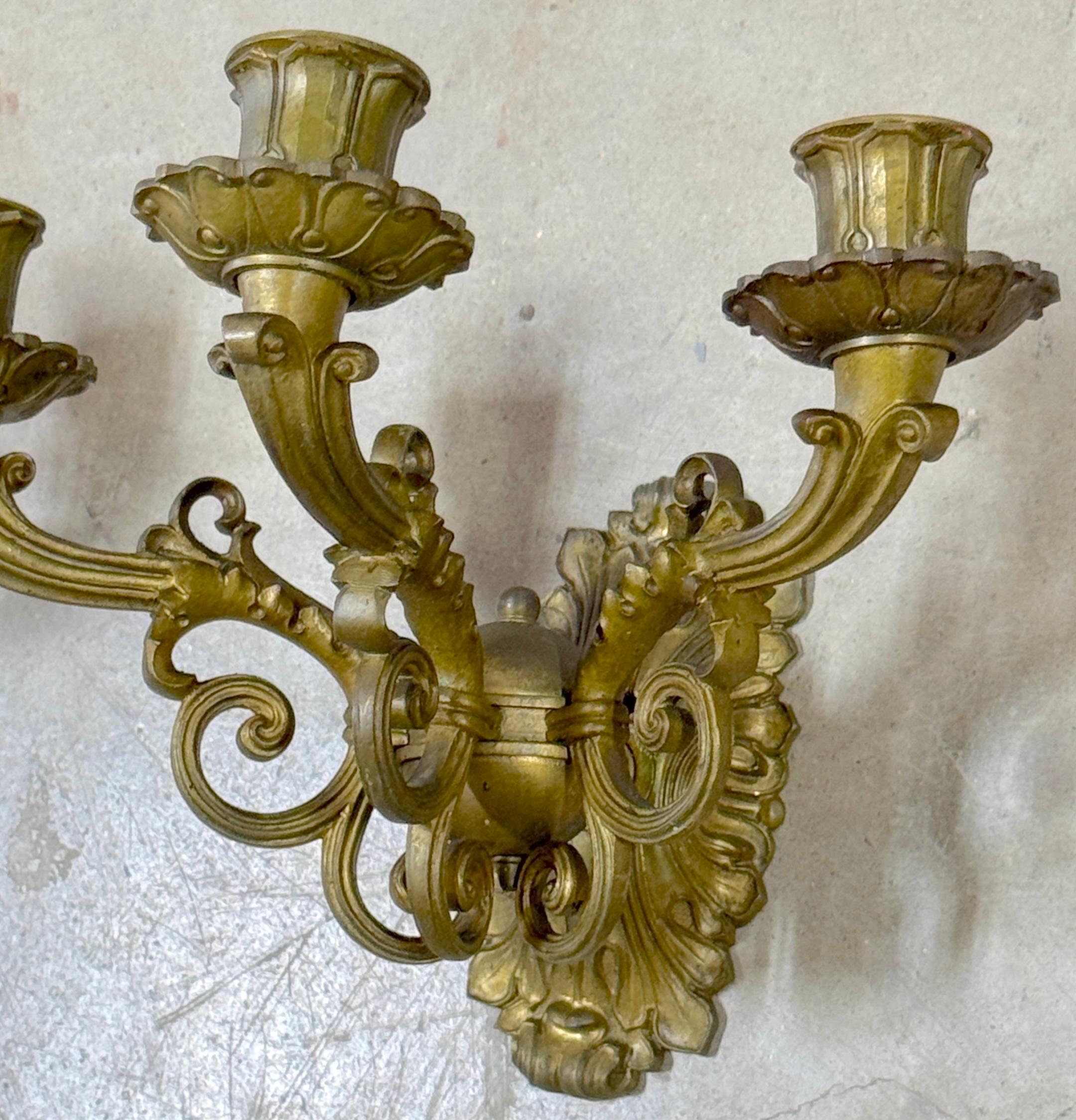 Pair of French Empire Orb Bronze Three-Light Wall Sconces In Good Condition For Sale In West Palm Beach, FL