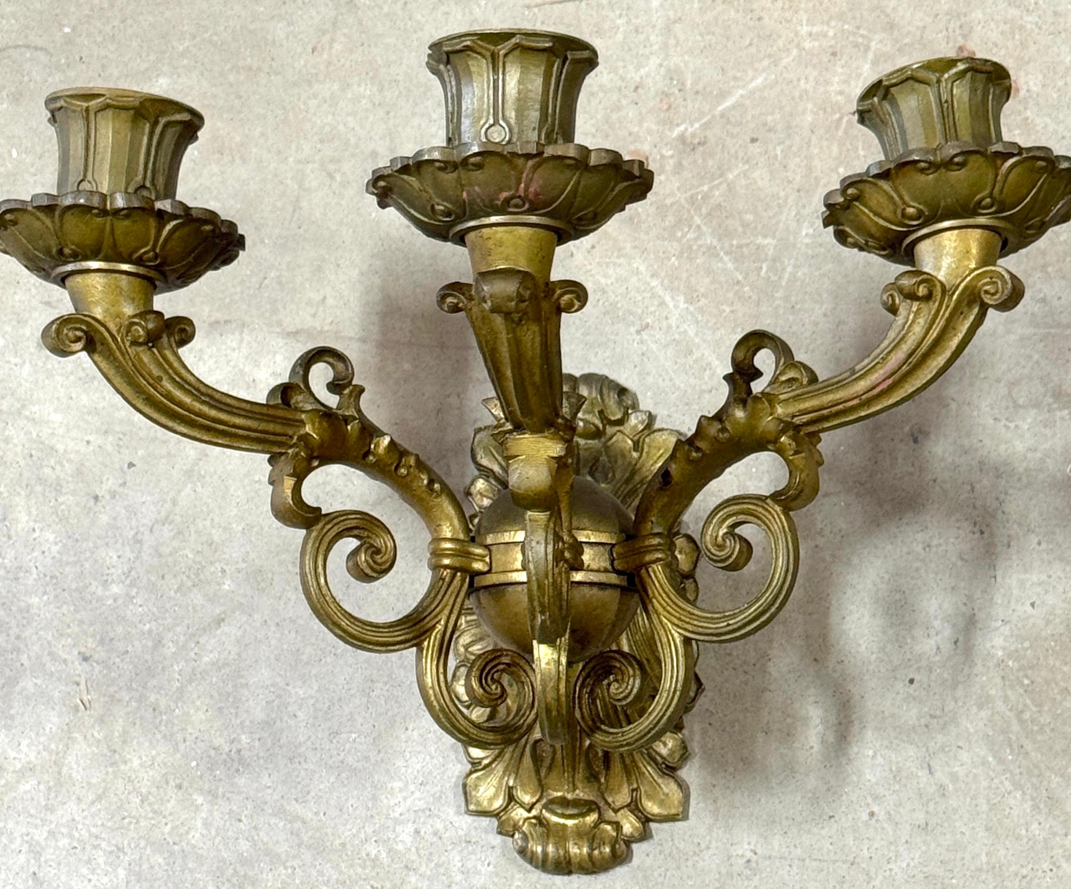 19th Century Pair of French Empire Orb Bronze Three-Light Wall Sconces For Sale