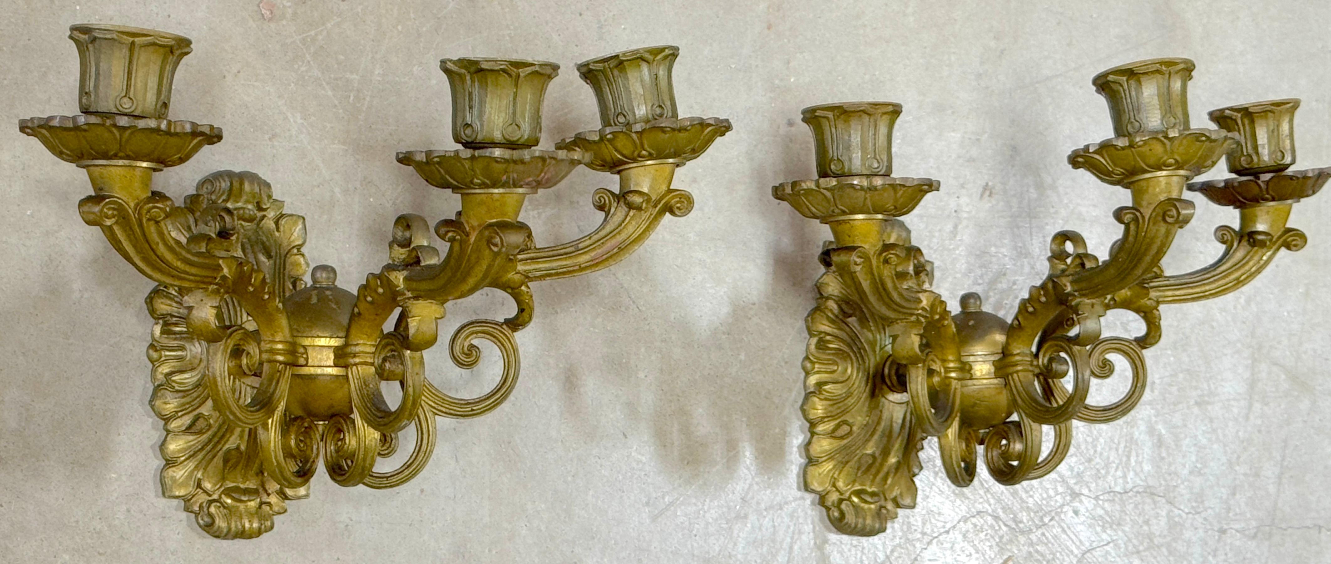 Pair of French Empire Orb Bronze Three-Light Wall Sconces For Sale 1