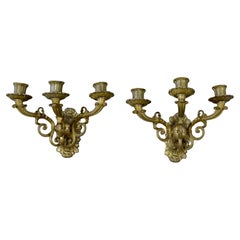 Pair of French Empire Orb Bronze Three-Light Wall Sconces