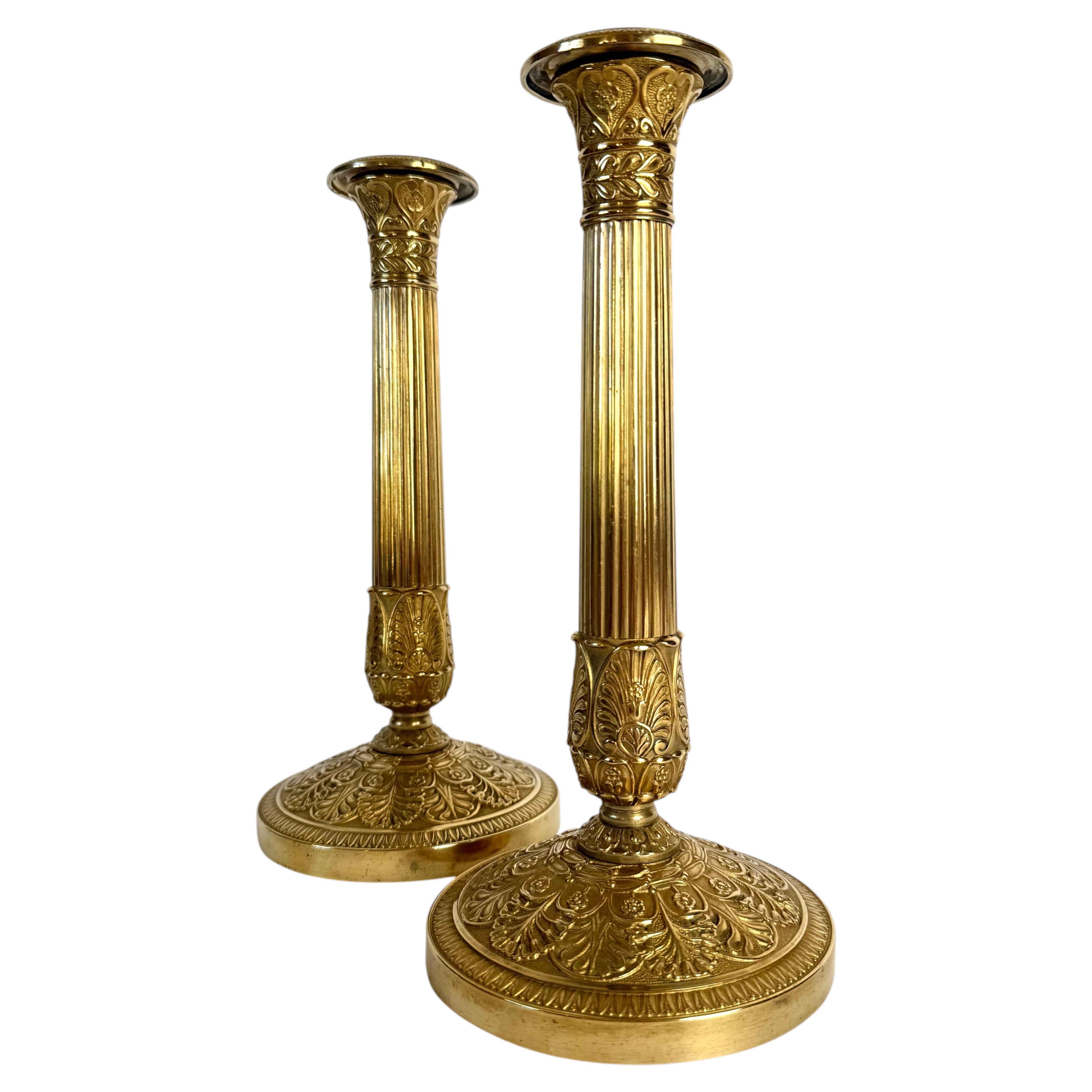 Pair of French Empire Ormolu Bronze Candlesticks, 1820s