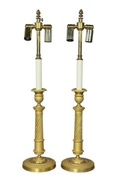Pair of French Empire Ormolu Candlestick Lamps