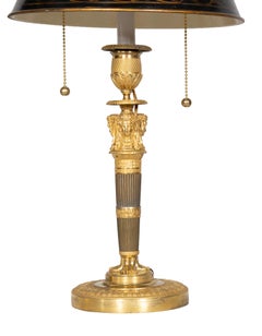 Pair Of French Empire Ormolu Candlestick Lamps With Tole Shades