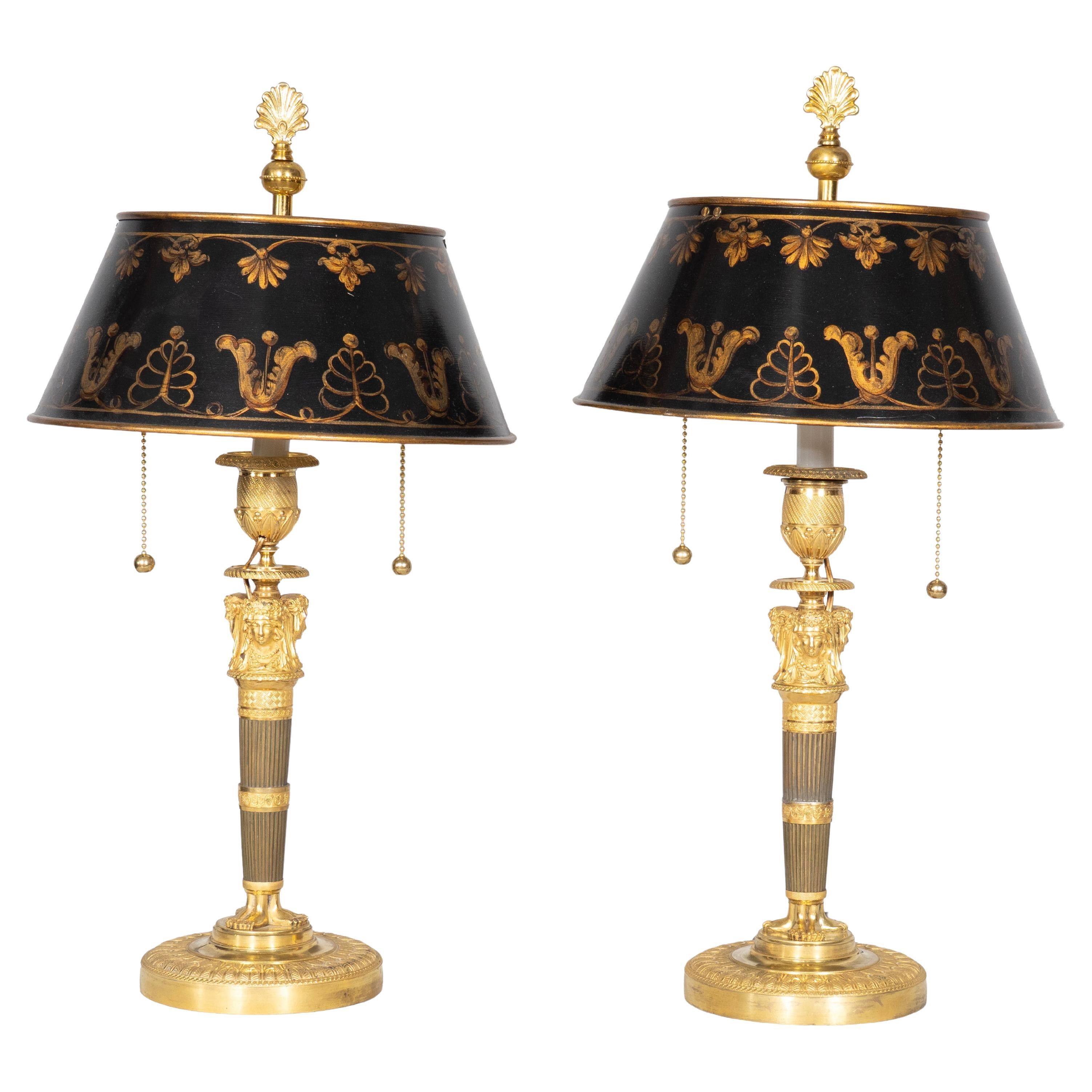 Pair Of French Empire Ormolu Candlestick Lamps With Tole Shades en vente