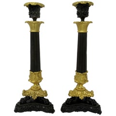 Pair of French Empire Ormolu Patinated Bronze Candlesticks Regency