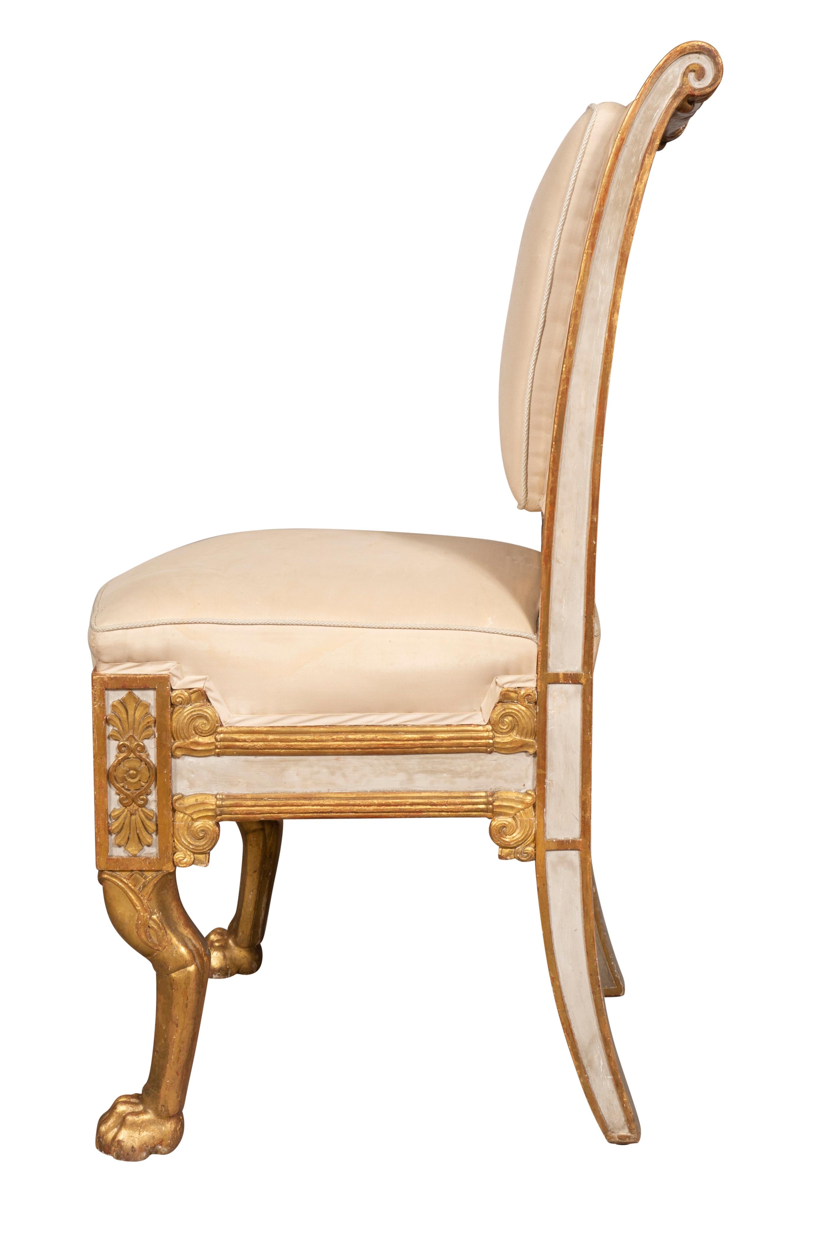 Hand-Painted Pair of French Empire Painted and Giltwood Side Chairs