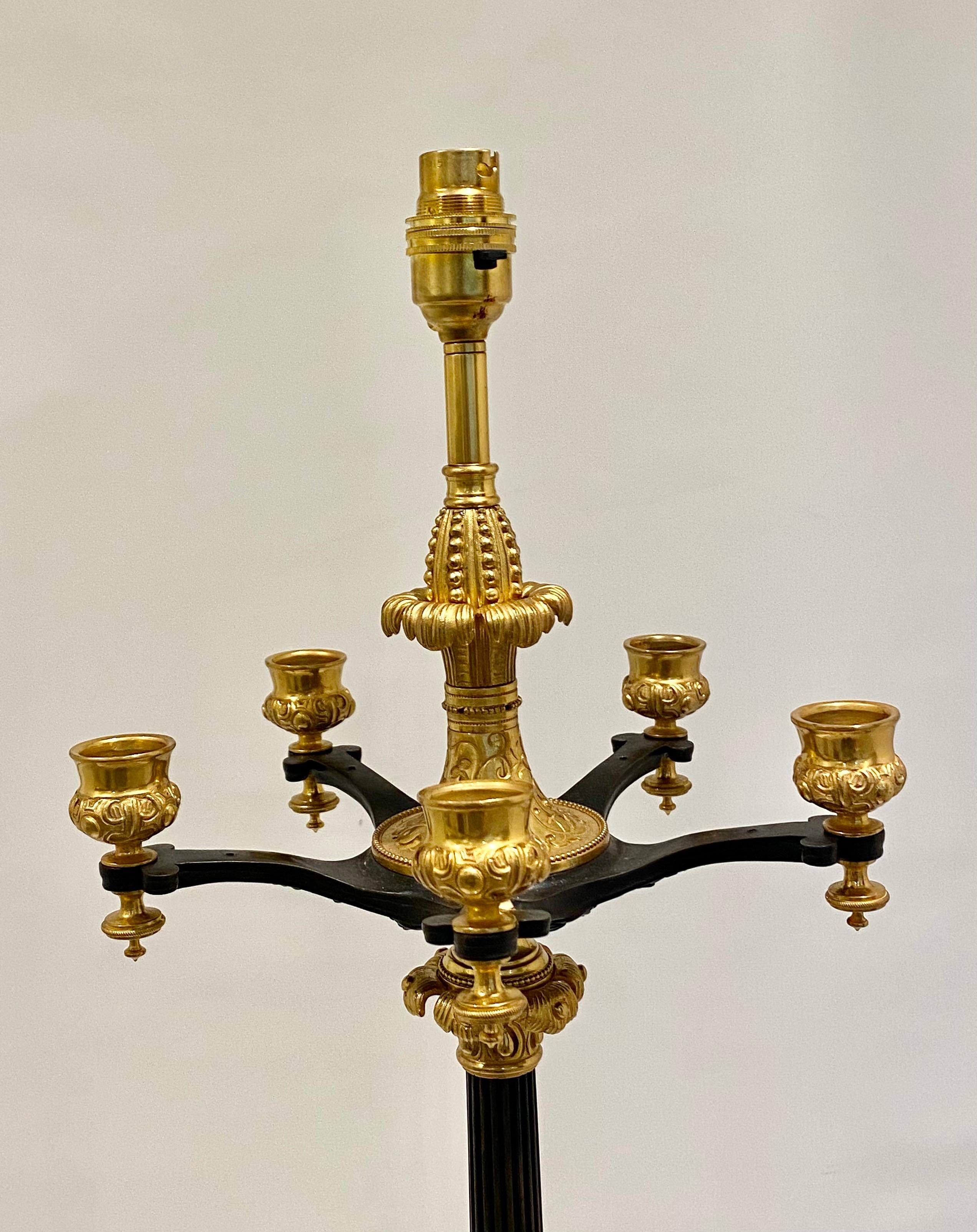 Antique French Empire bronze candelabra table lamp with paw feet neoclassical 32.5 inches tall (these lamps have been newly rewired).
  