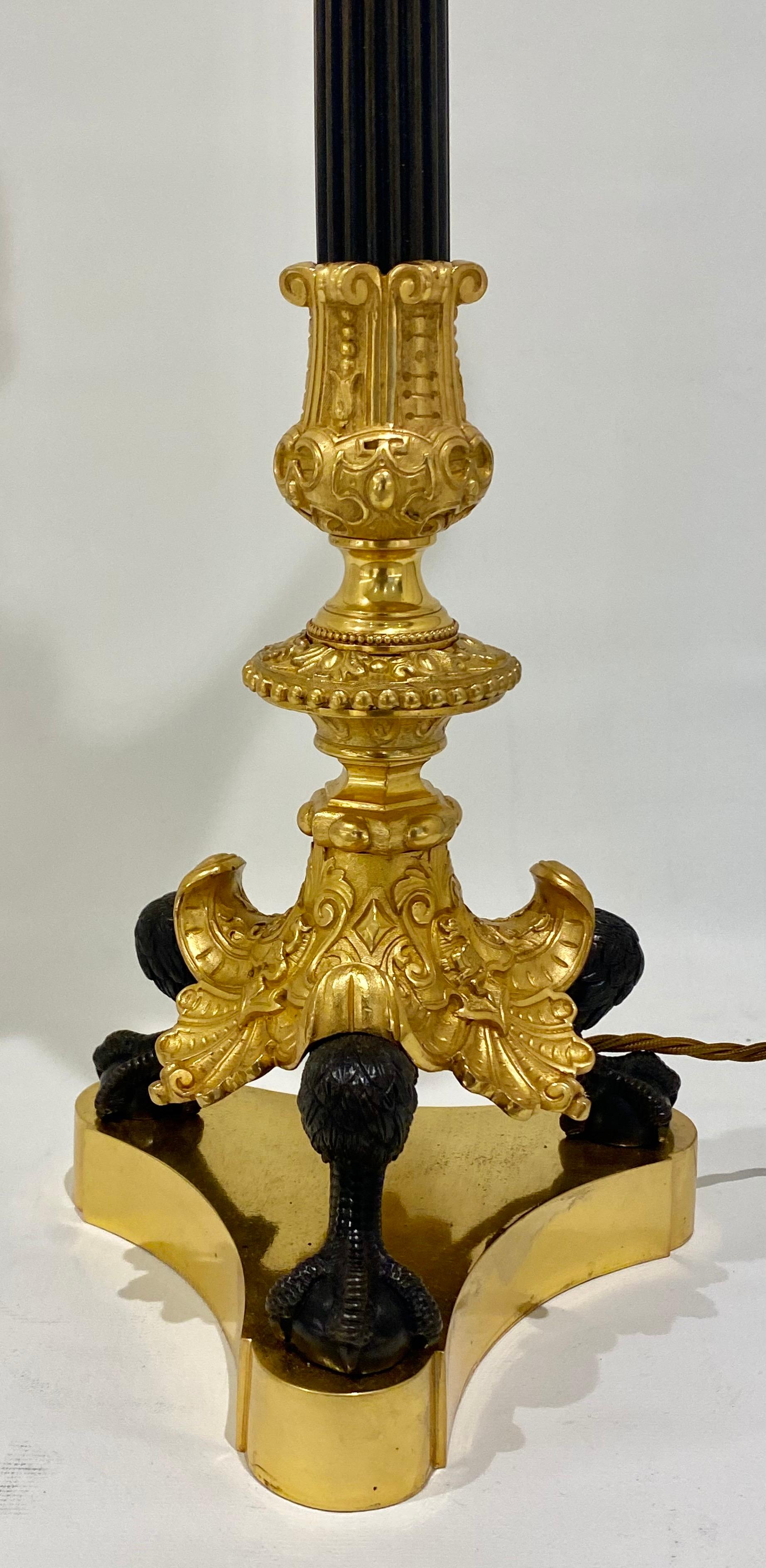 Pair of French Empire Parcel-Gilt-Bronze Candelabra Lamps In Good Condition For Sale In London, GB
