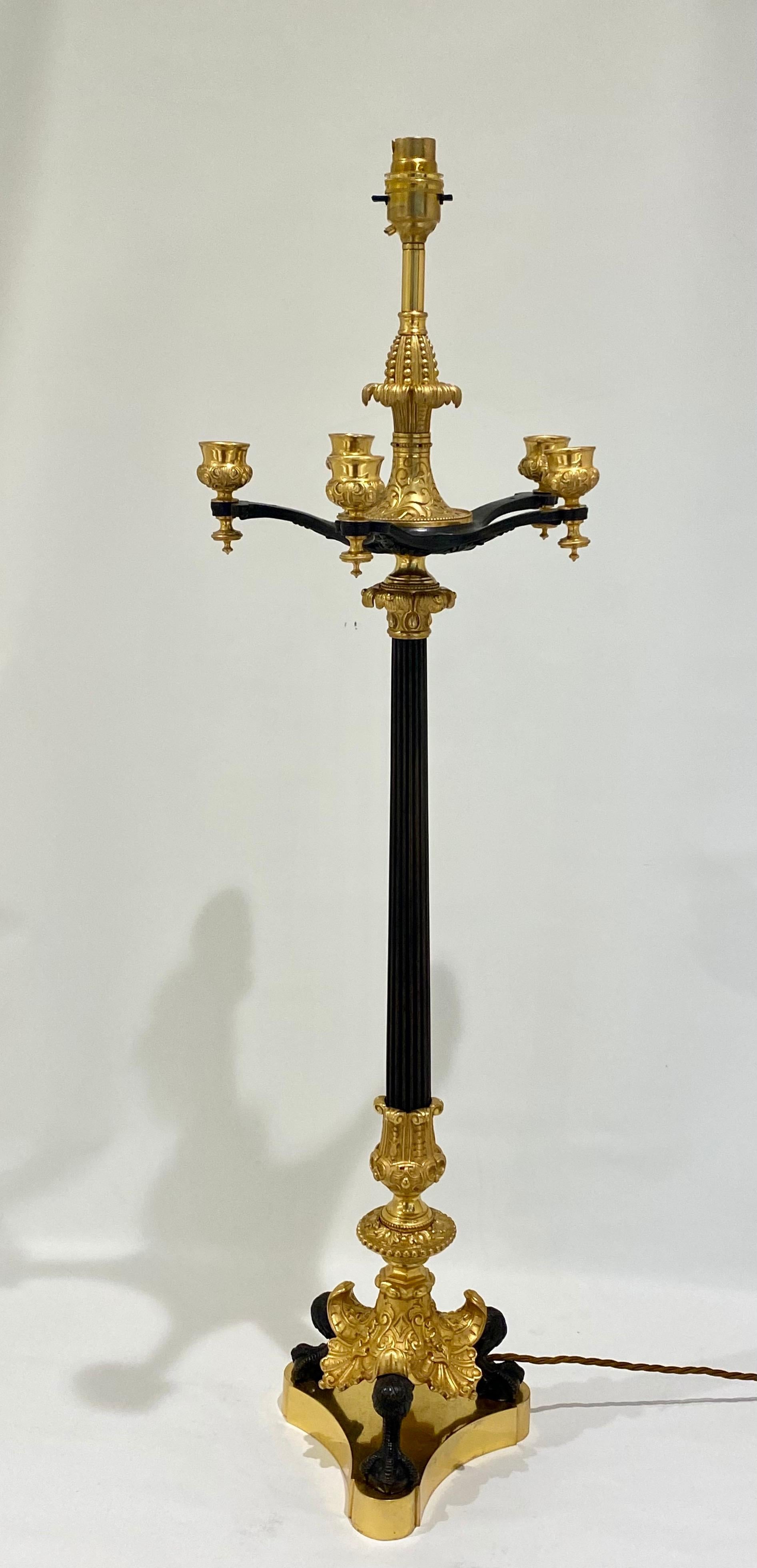 Late 19th Century Pair of French Empire Parcel-Gilt-Bronze Candelabra Lamps For Sale