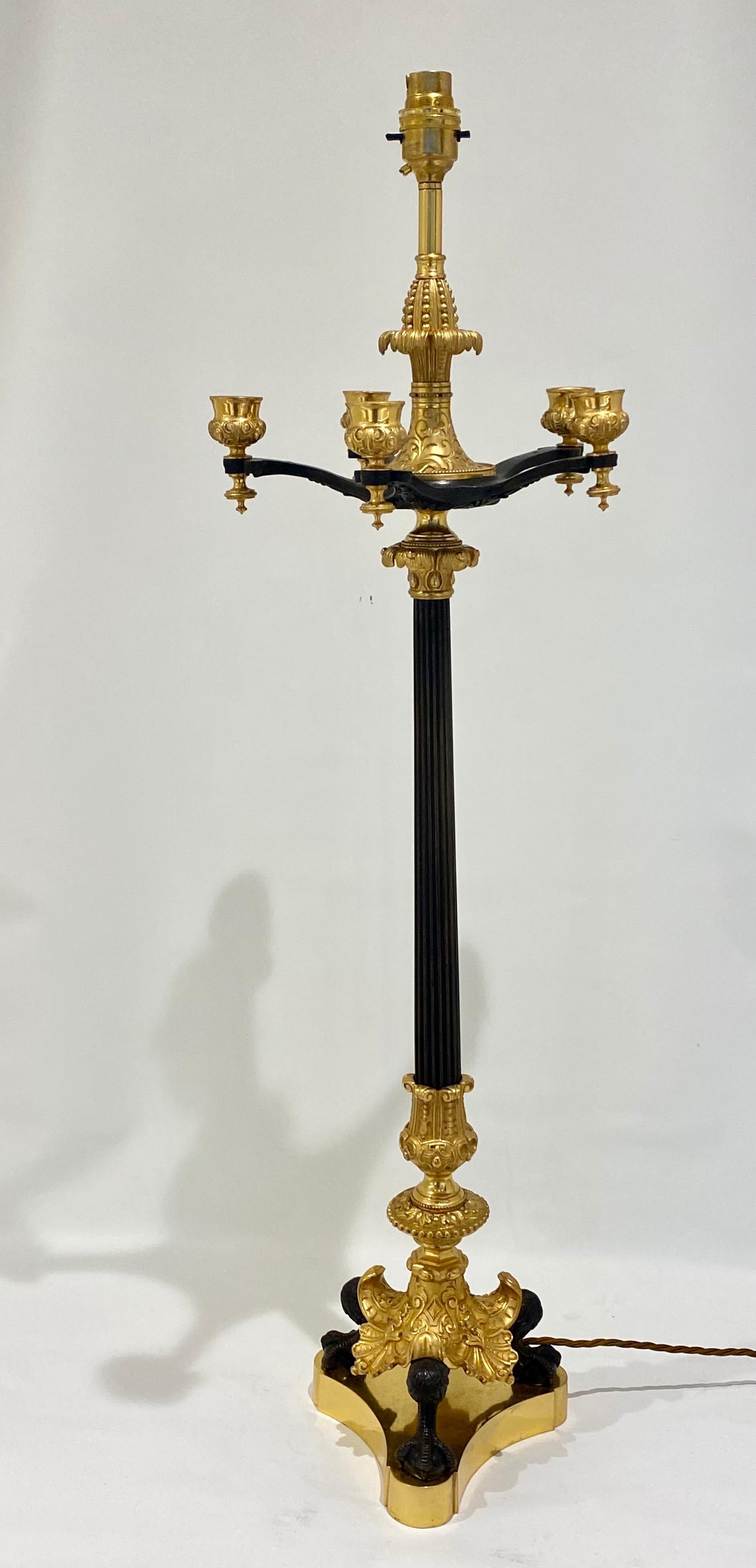 Pair of French Empire Parcel-Gilt-Bronze Candelabra Lamps For Sale 1