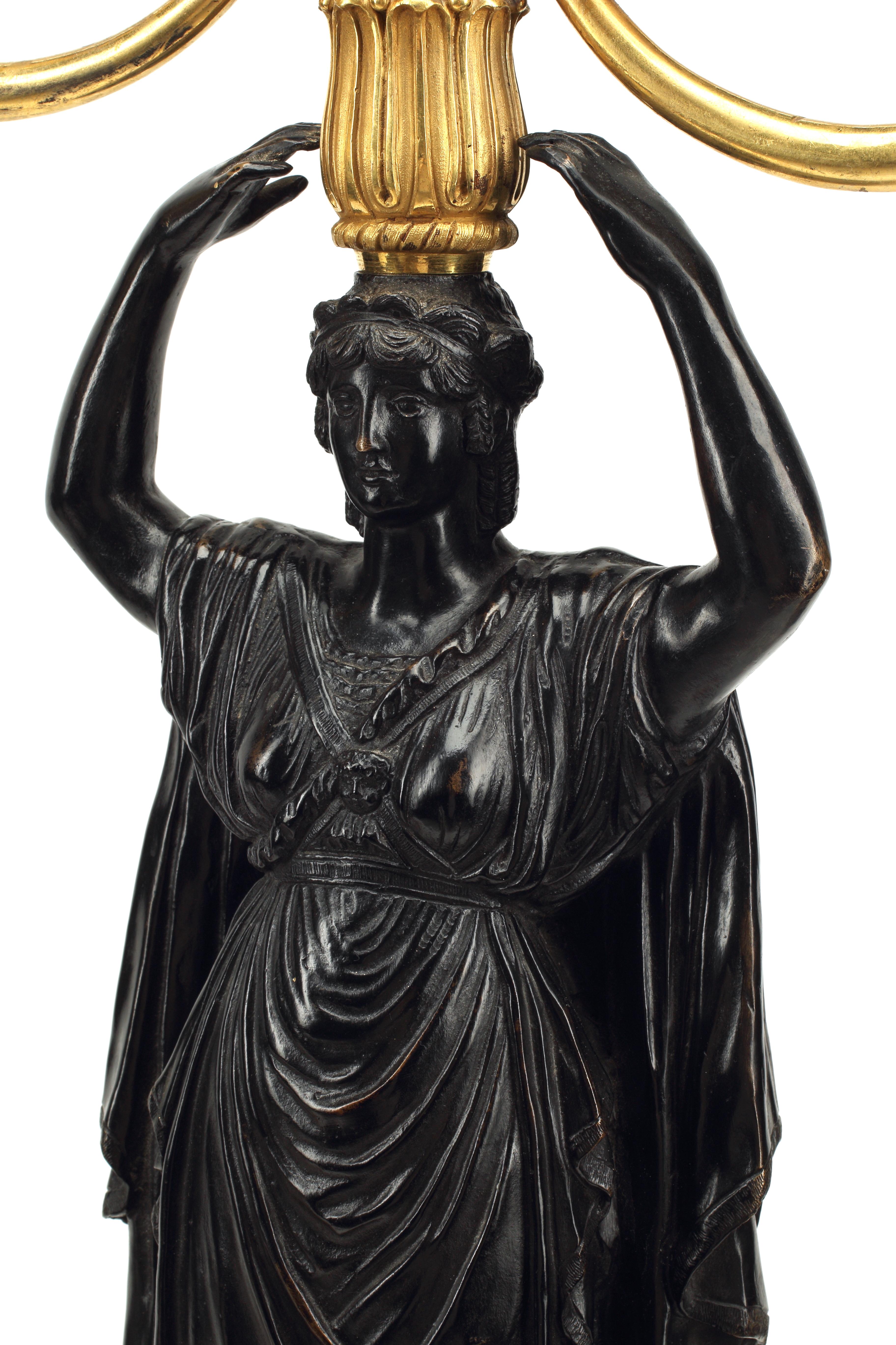 Pair of French Empire Patinated and Gilt Bronze Candelabra, 19th Century In Good Condition For Sale In El Monte, CA