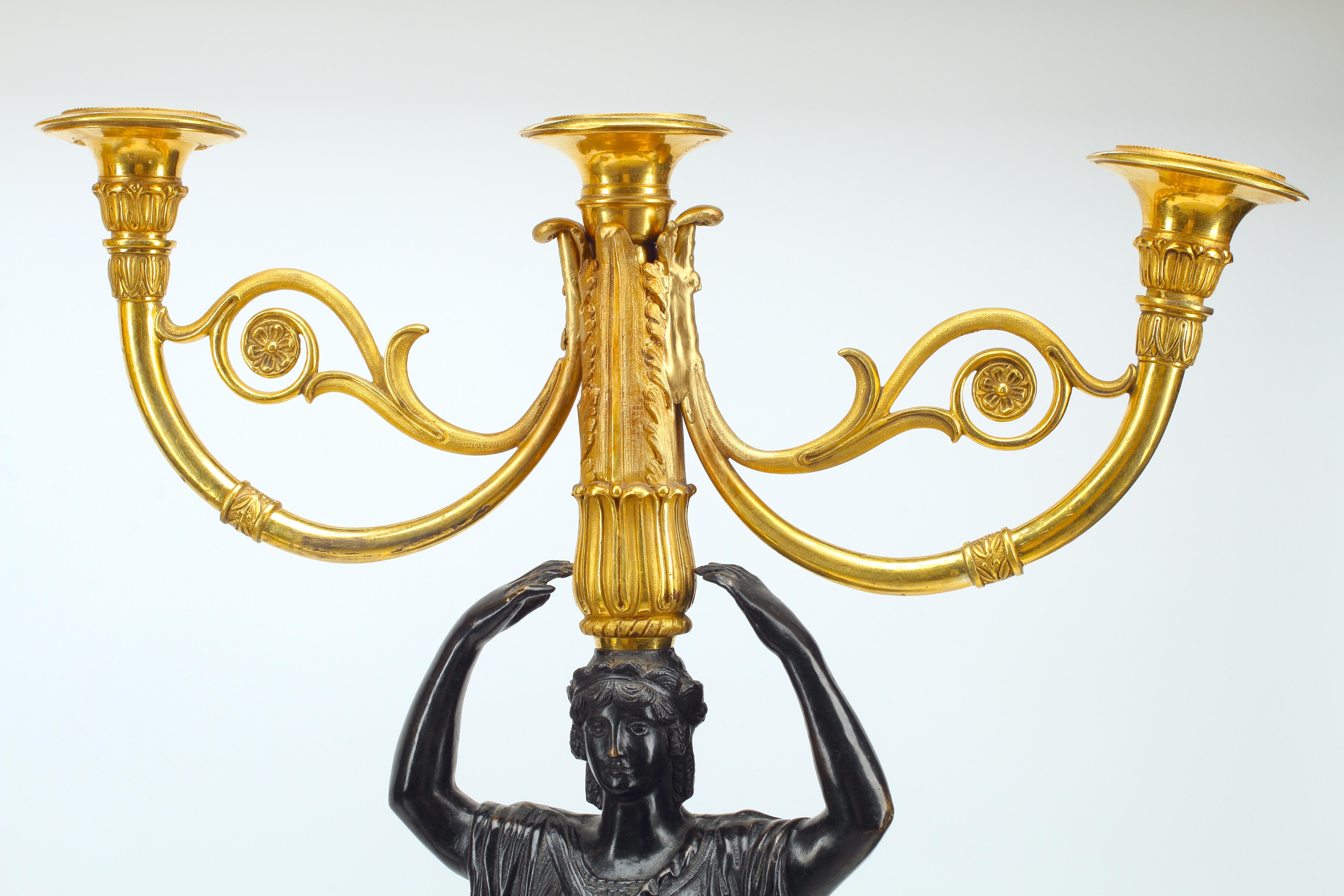 Pair of French Empire Patinated and Gilt Bronze Candelabra, 19th Century For Sale 2