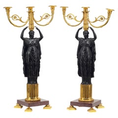 Pair of French Empire Patinated and Gilt Bronze Candelabra, 19th Century