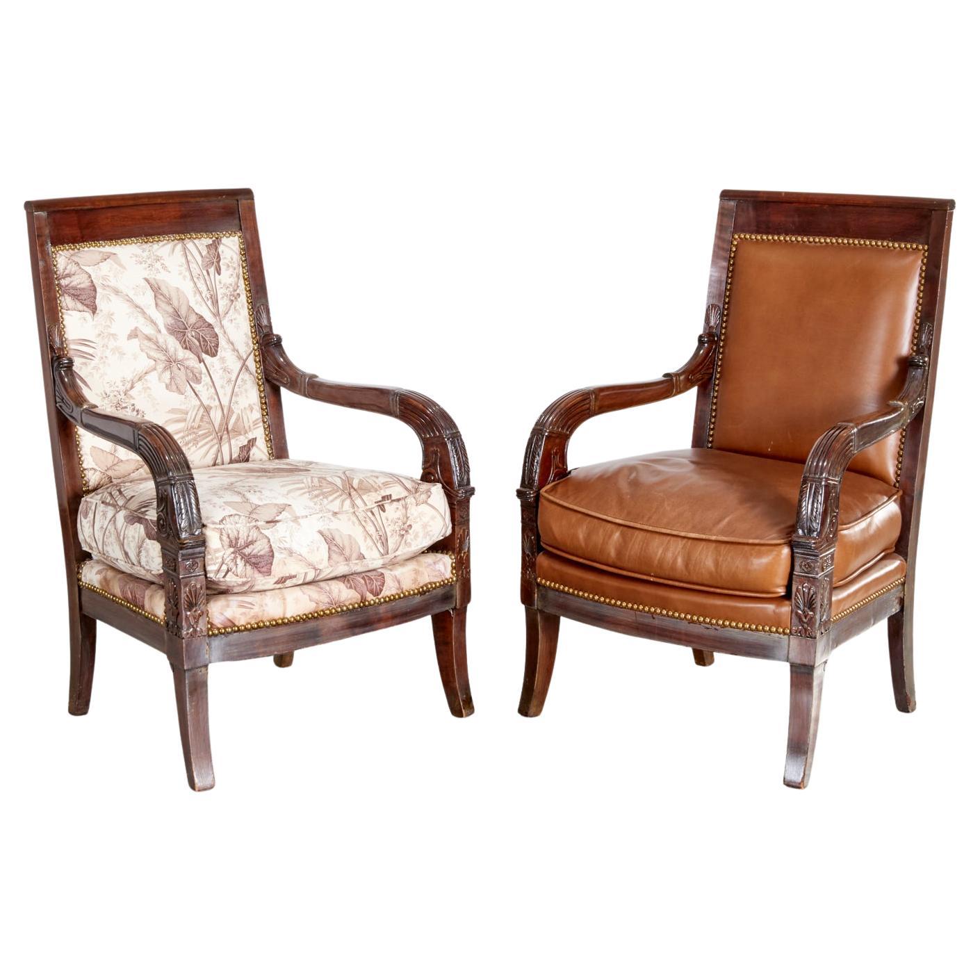 Paar französische Fauteuils aus der Empire-Zeit mit Vintage-Polsterung,  Anfang 19. Jh.