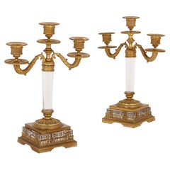 Pair of French Empire Period Gilt Bronze and Crystal Table Candelabra