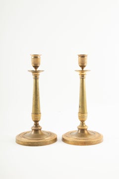 Pair of French Empire Period Gilt Bronze Candlesticks with Guilloché Decoration