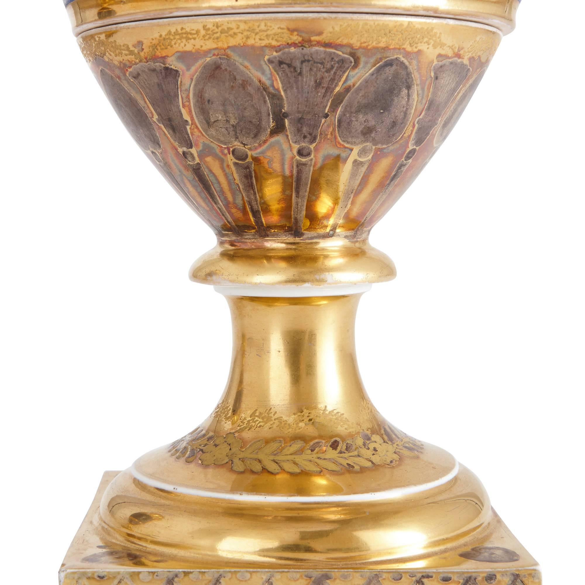 Pair of French Empire Period Gilt Ground Porcelain Vases In Fair Condition For Sale In London, GB