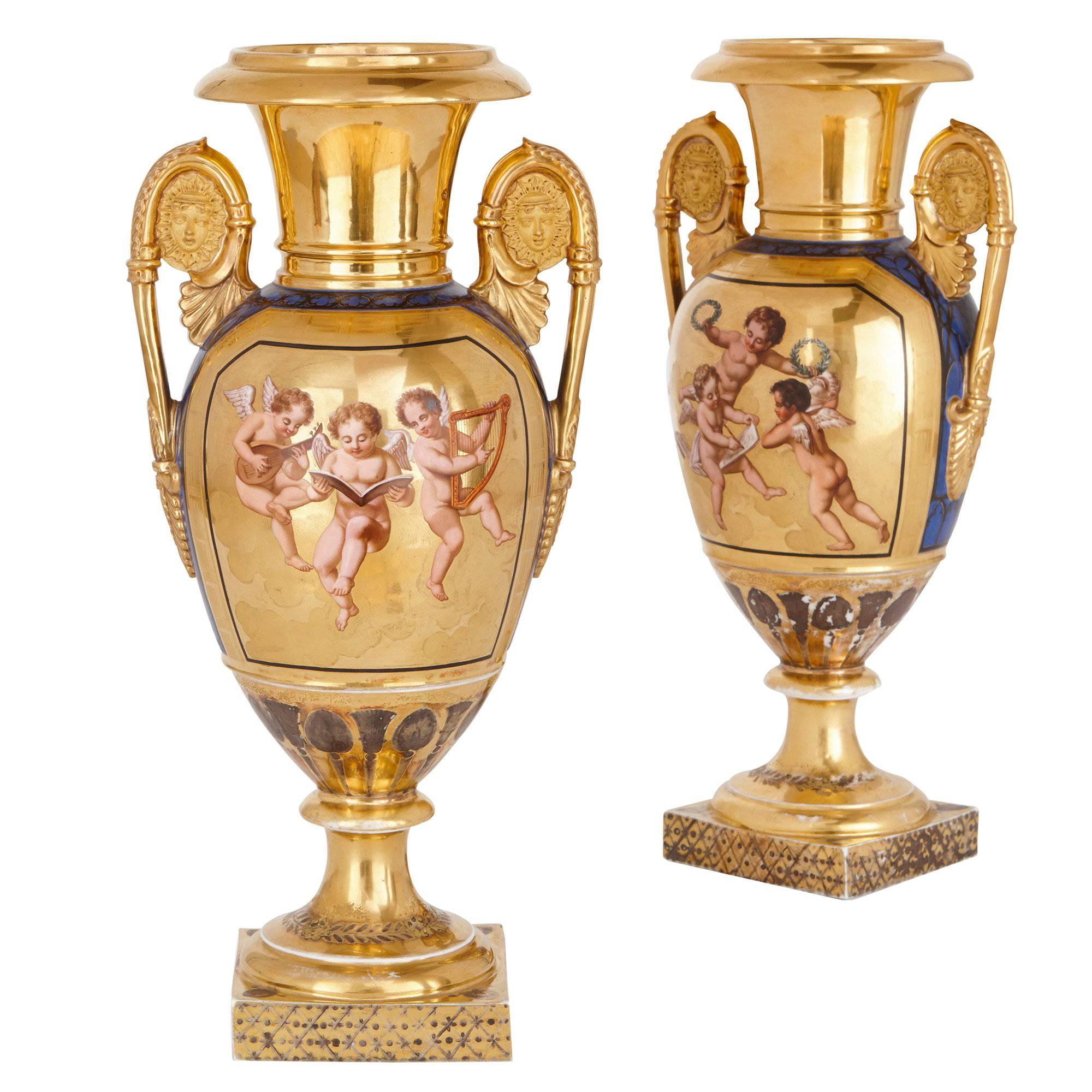 Pair of French Empire Period Gilt Ground Porcelain Vases
