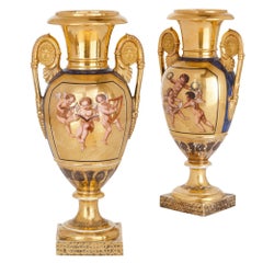 Used Pair of French Empire Period Gilt Ground Porcelain Vases