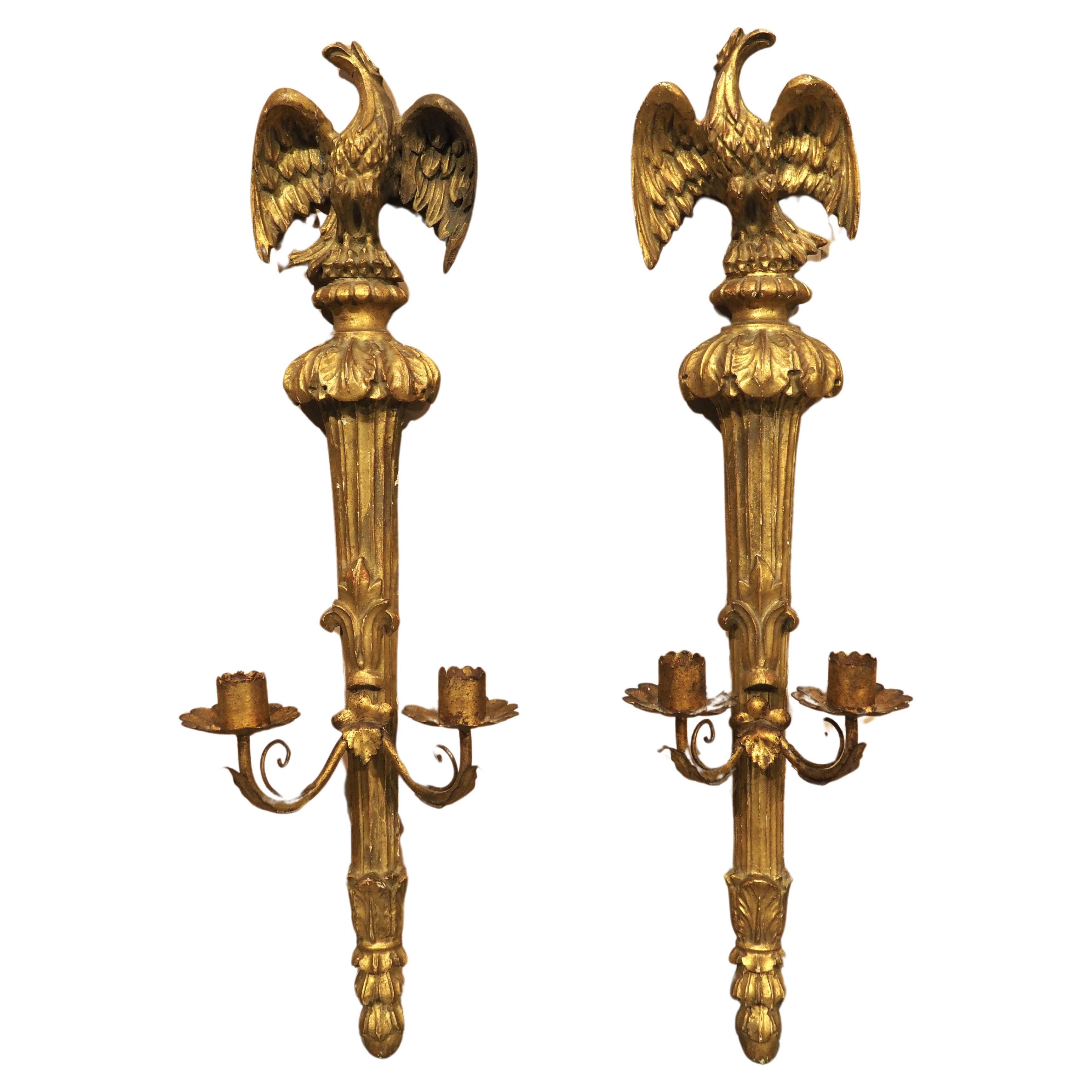 Pair of French Empire Period Giltwood Eagle Sconces, Circa 1815 For Sale