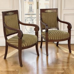 Pair of French Empire Period Mahogany Ormolu Armchairs ~ Fauteuils
