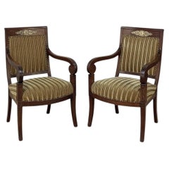 Pair of French Empire Period Mahogany Ormolu Armchairs ~ Fauteuils
