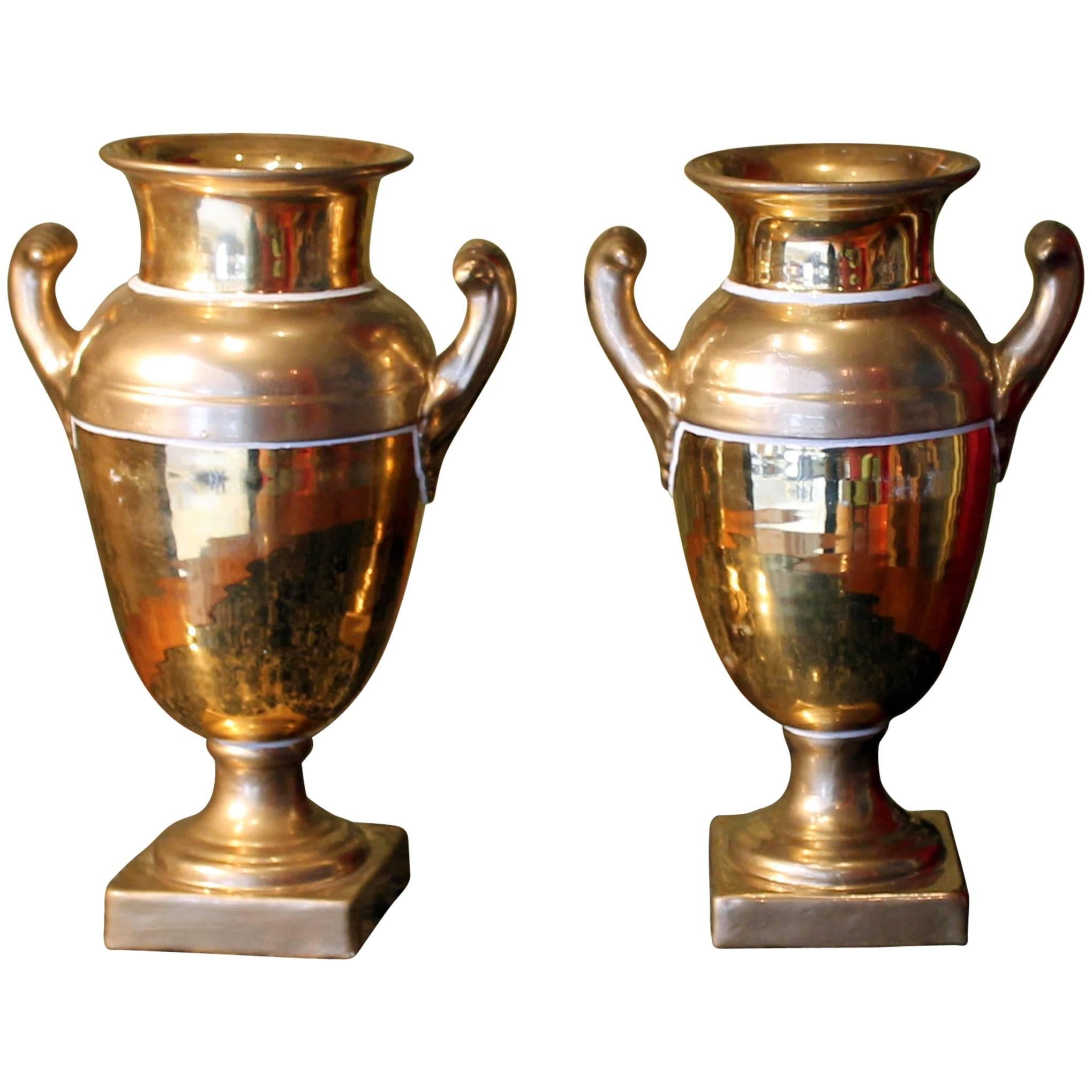 Pair of French Empire Period Matte and Burnished Gilt Porcelain Vases
