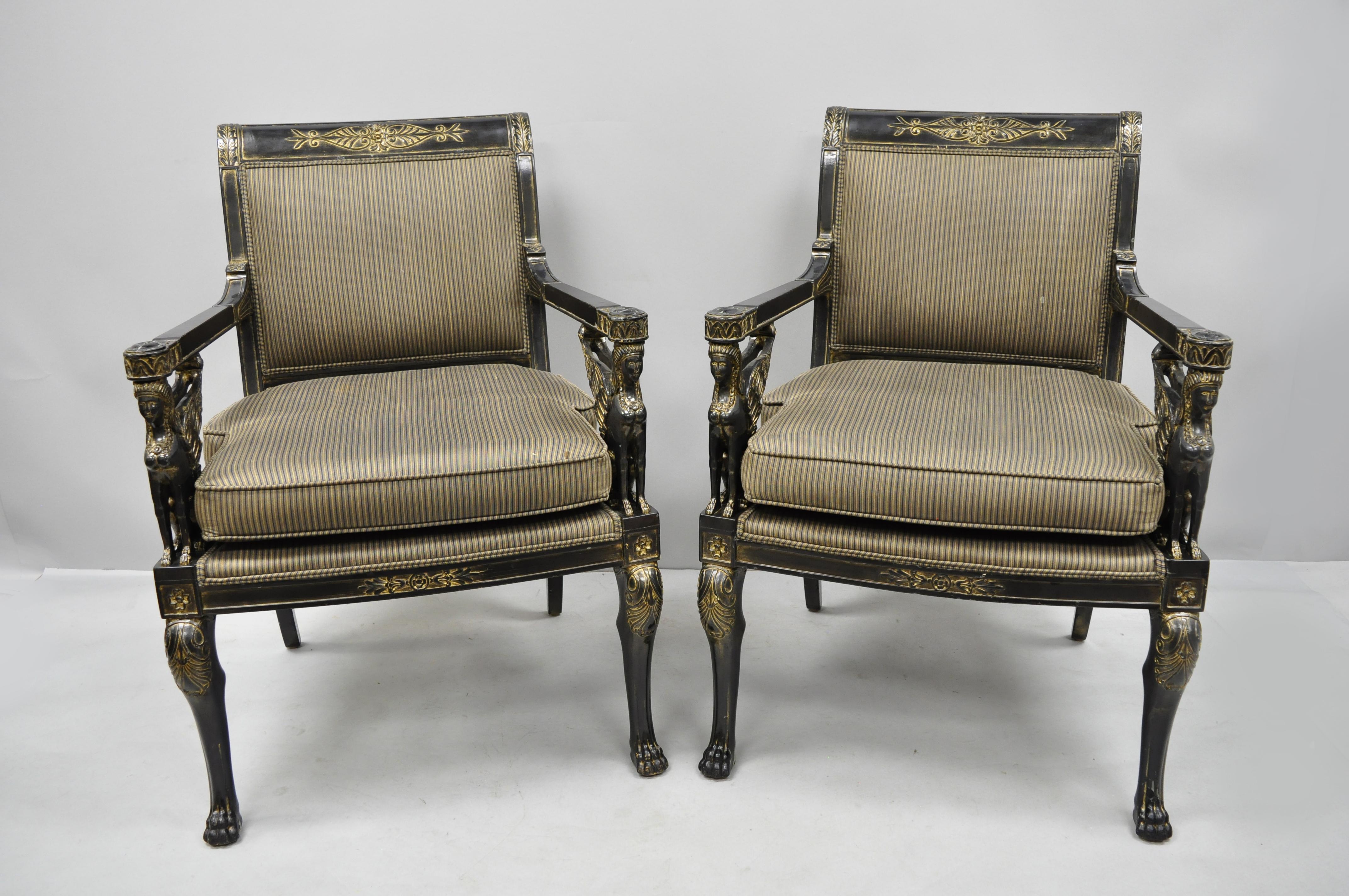 American Pair of French Empire Regency Black Lacquer Chairs with Sphinx Figures, Lambert