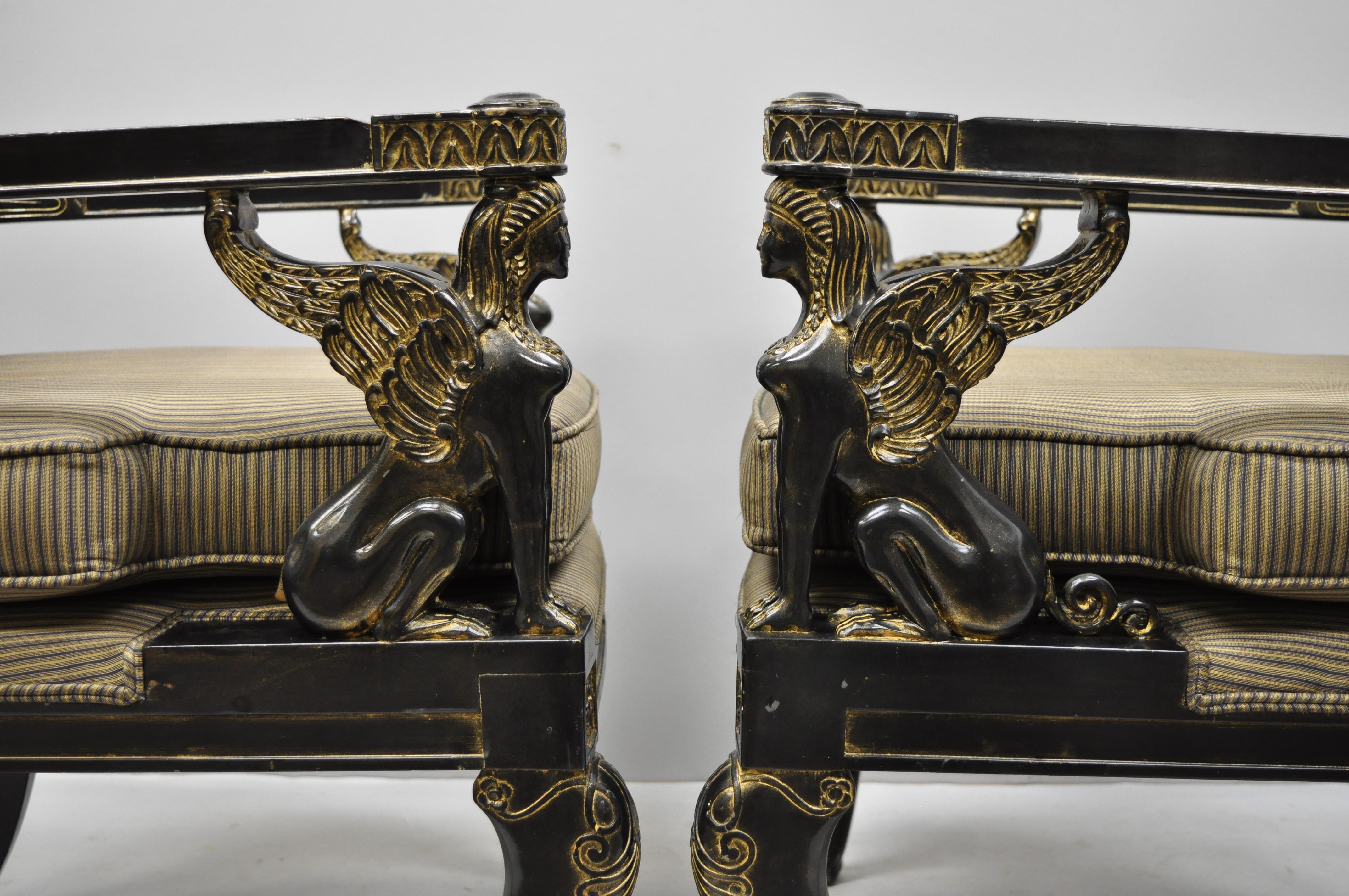 Pair of French Empire Regency Black Lacquer Chairs with Sphinx Figures, Lambert In Good Condition In Philadelphia, PA