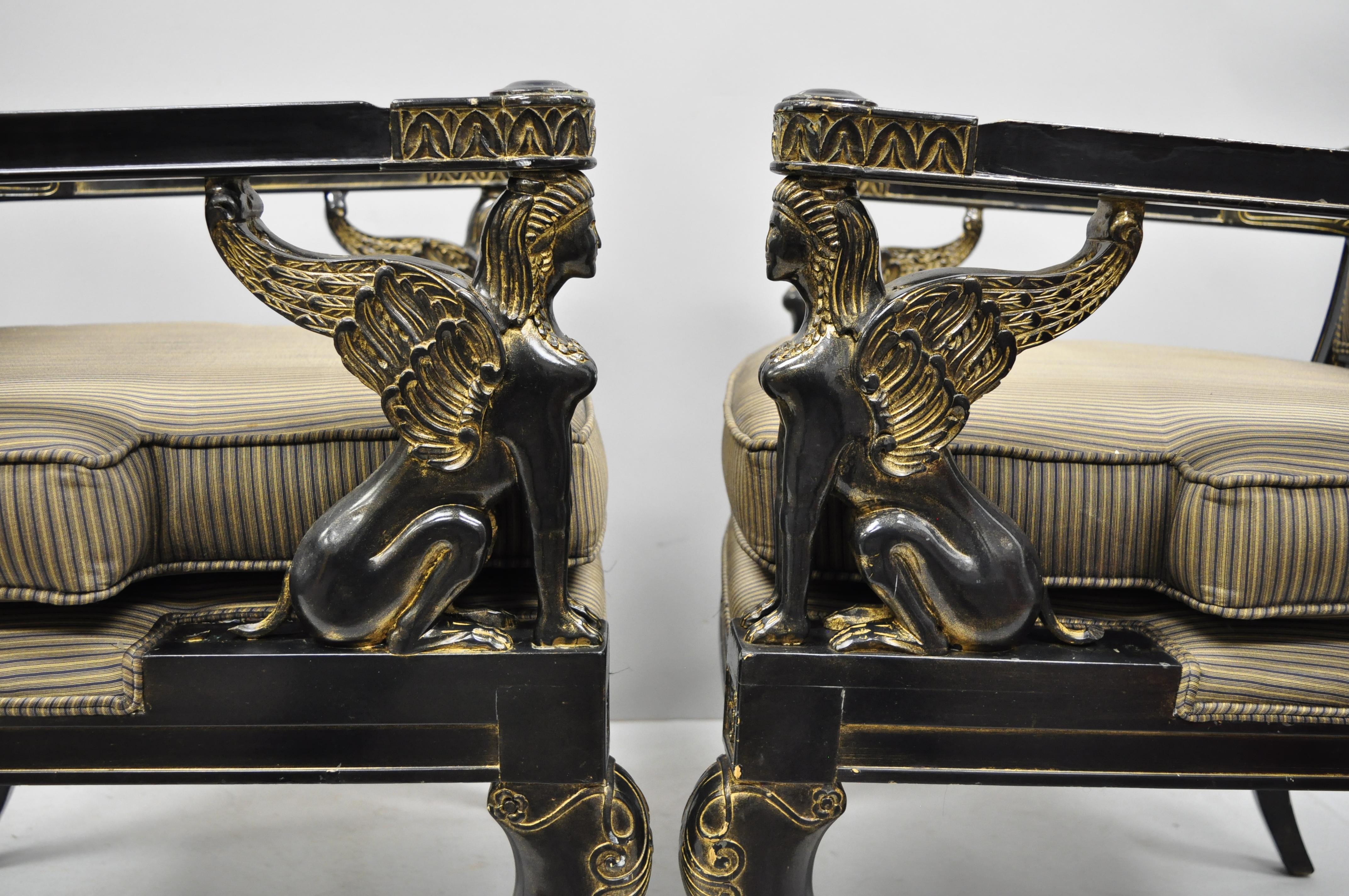 Fabric Pair of French Empire Regency Black Lacquer Chairs with Sphinx Figures, Lambert