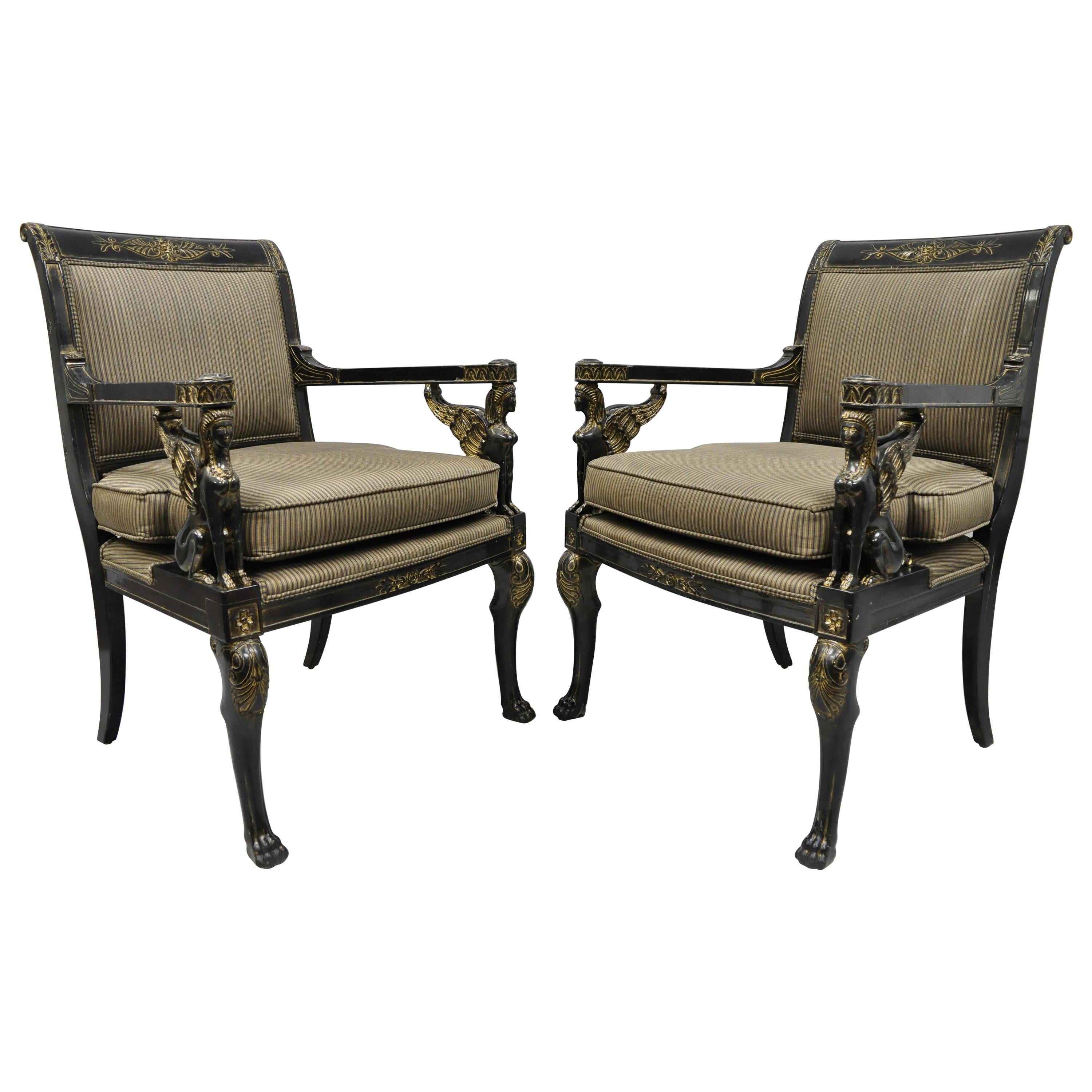 Pair of French Empire Regency Black Lacquer Chairs with Sphinx Figures, Lambert