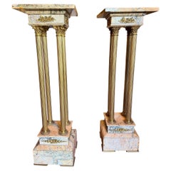 Pair of French Empire Revival Brass and Marble Pedestals