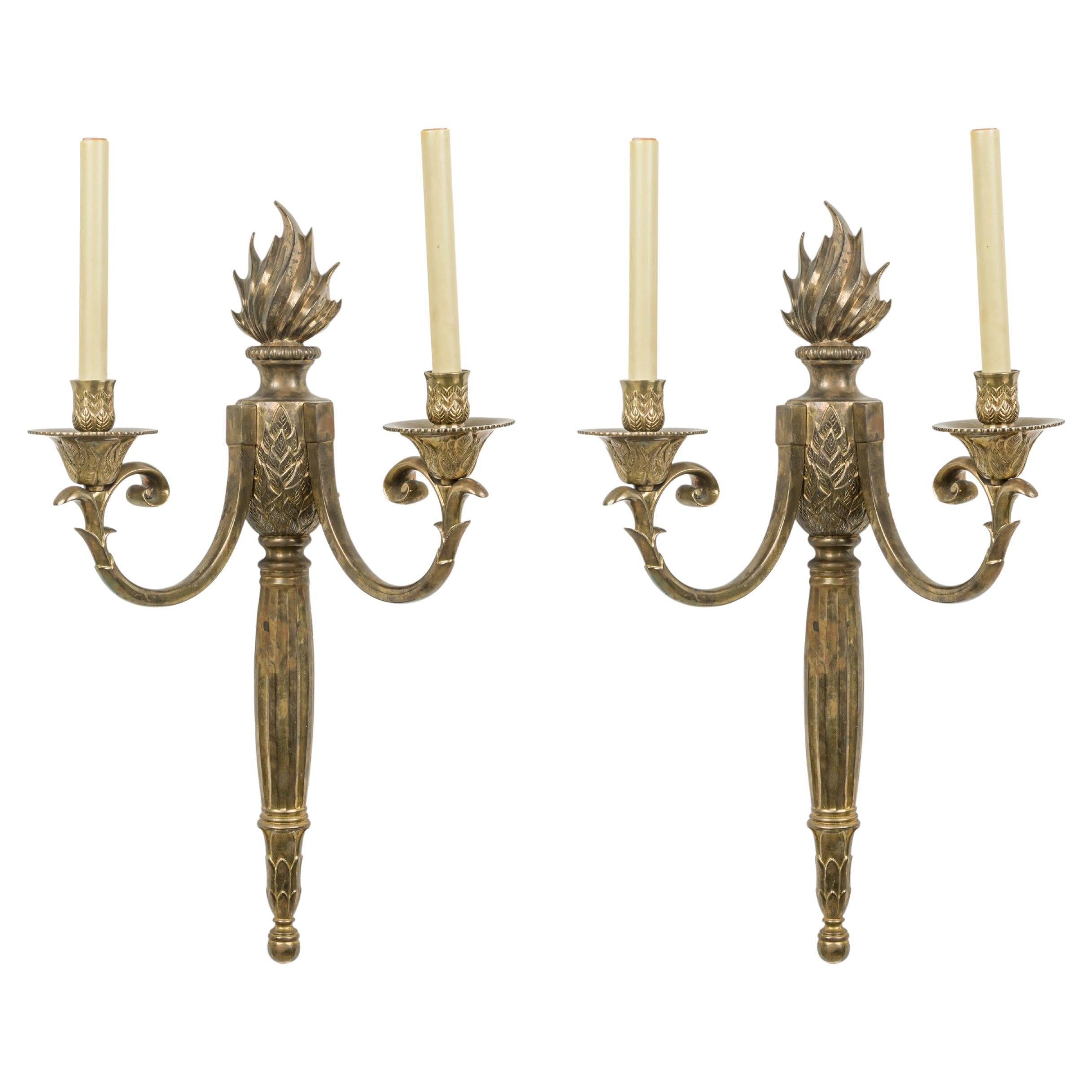 Pair Of French Empire Revival Bronze Two Light Wall Sconce For Sale