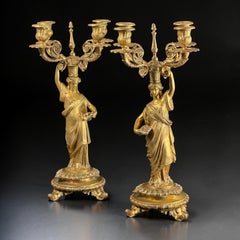 Pair of French Empire Revival Gilt Bronze Figural Candelabra - 18in