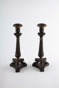 Par de candelabros de estilo Imperio francés, de bronce patinado y dorado, 11,5" de altura