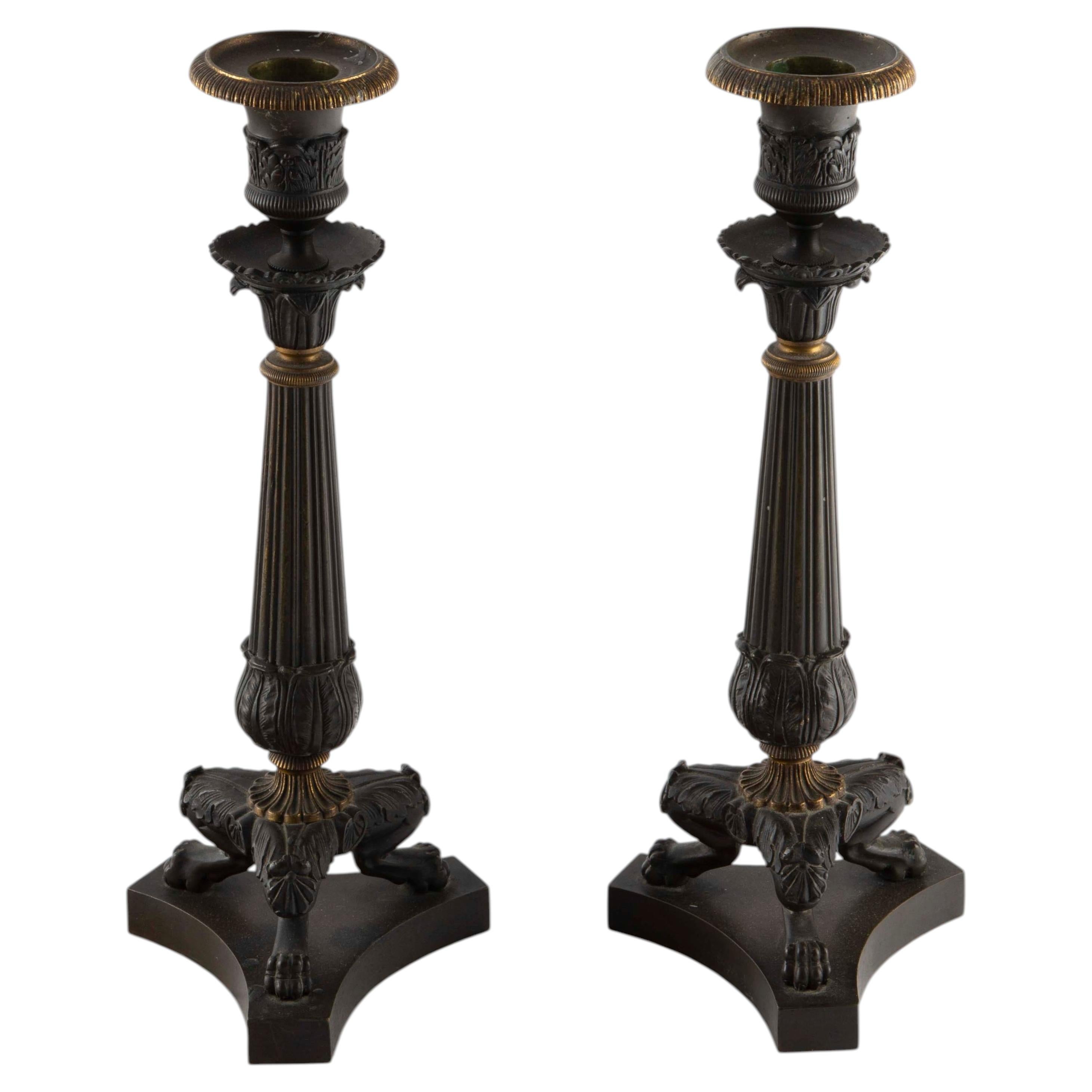 Pair of French Empire Revival Patinated and Gilt Bronze Candlesticks, 11.5" H For Sale