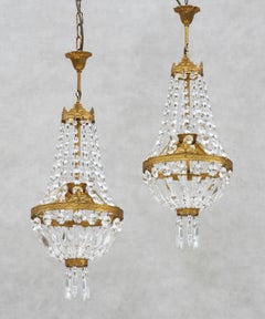 Pair of French Empire Revivel Basket Style Pendant Light Chandeliers, circa 1960